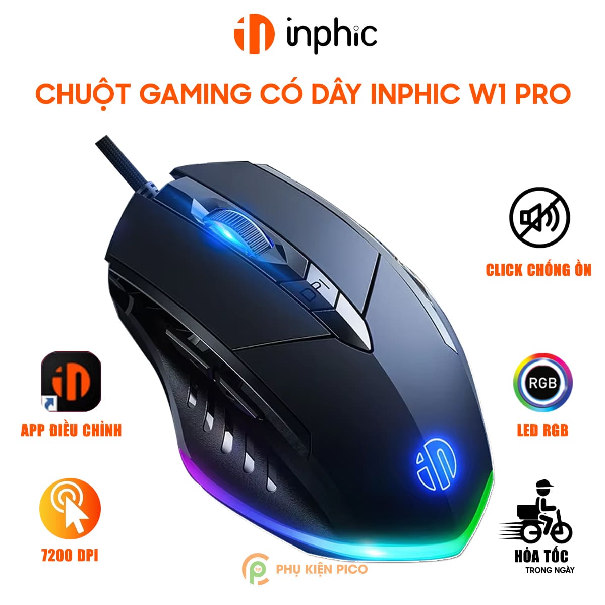 Chuột chơi Game Inphic W1 Pro 7200 DPI có dây kết nối USB - Chuột Inphic gaming FPS không tiếng ồn laptop máy tính