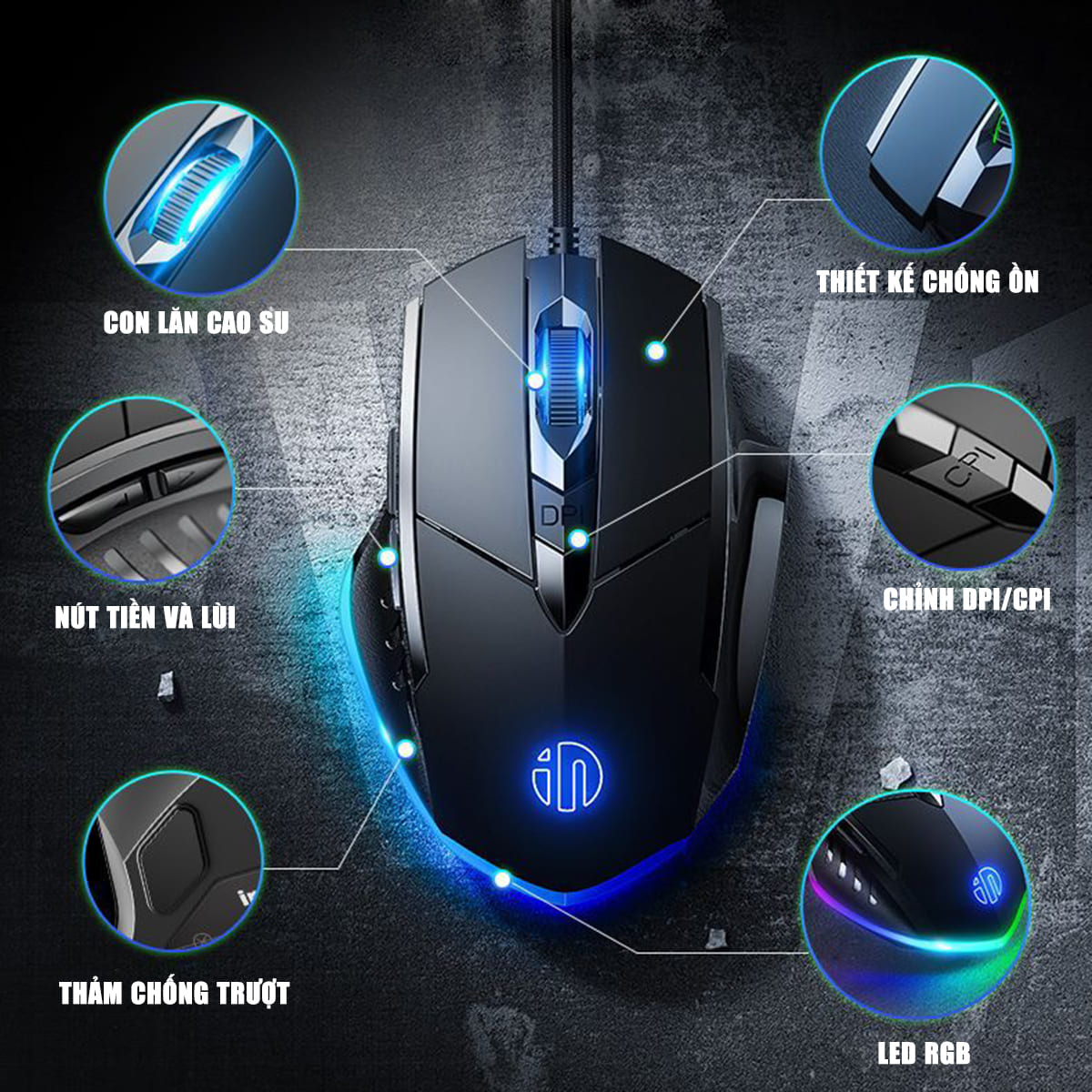 Chuột chơi Game Inphic W1 Pro 7200 DPI có dây kết nối USB - Chuột Inphic gaming FPS không tiếng ồn laptop máy tính