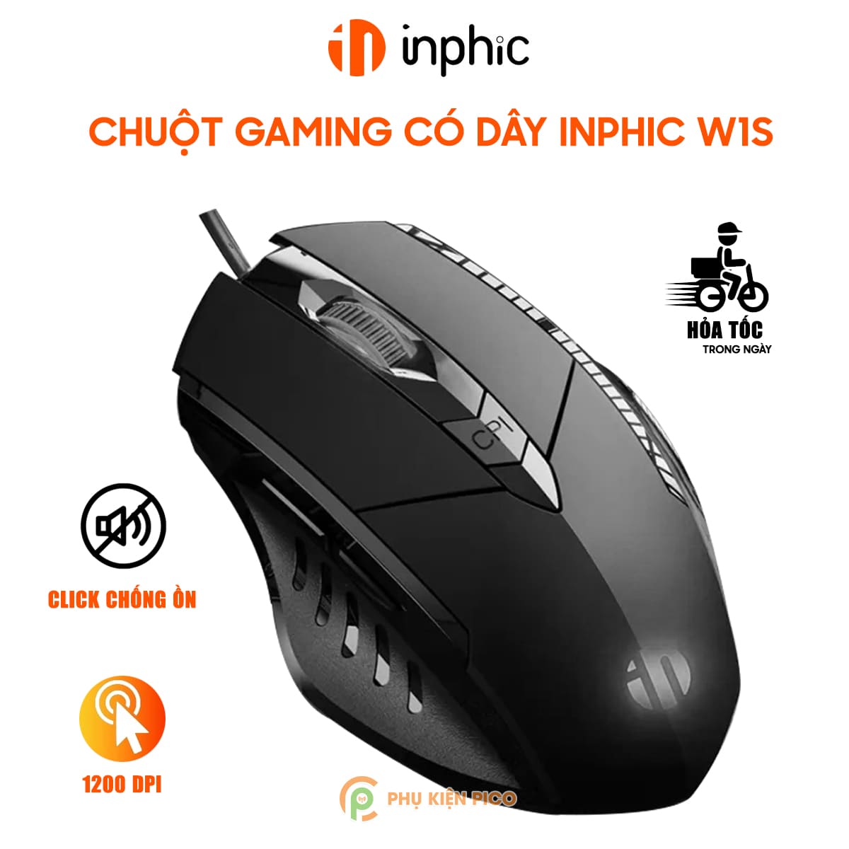 Chuột gaming Inphic W1S 1200 DPI có dây USB bấm êm - Chuột chơi game Inphic siêu rẻ không tiếng ồn máy tính laptop
