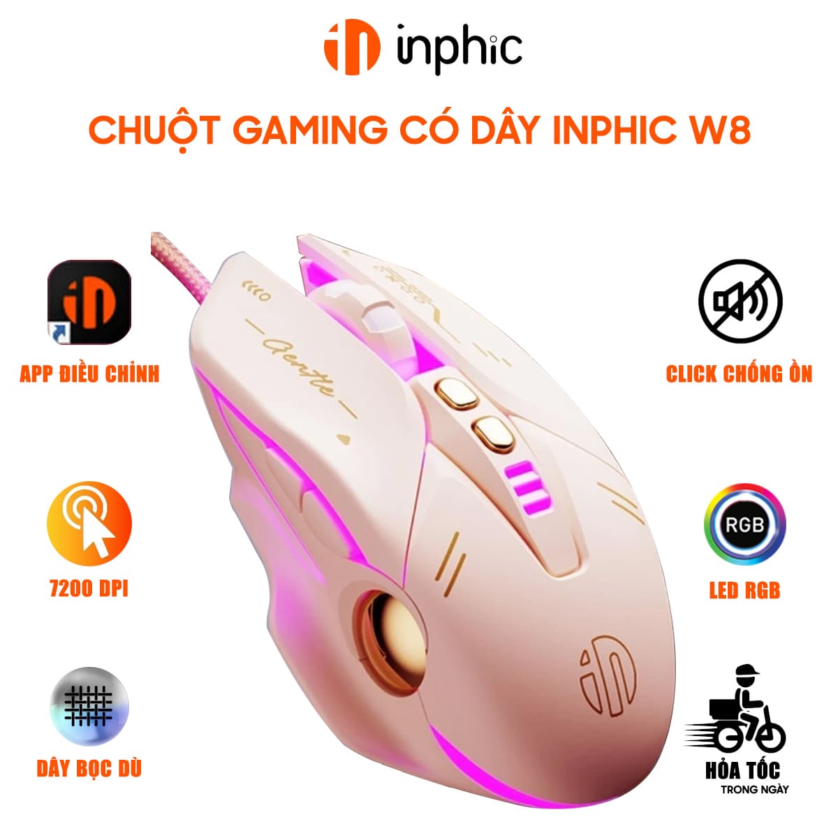 Chuột máy tính có dây Inphic W8 - Hồng Cute, Silent Click, DPI 7200, App tùy chỉnh cho game thủ văn phòng