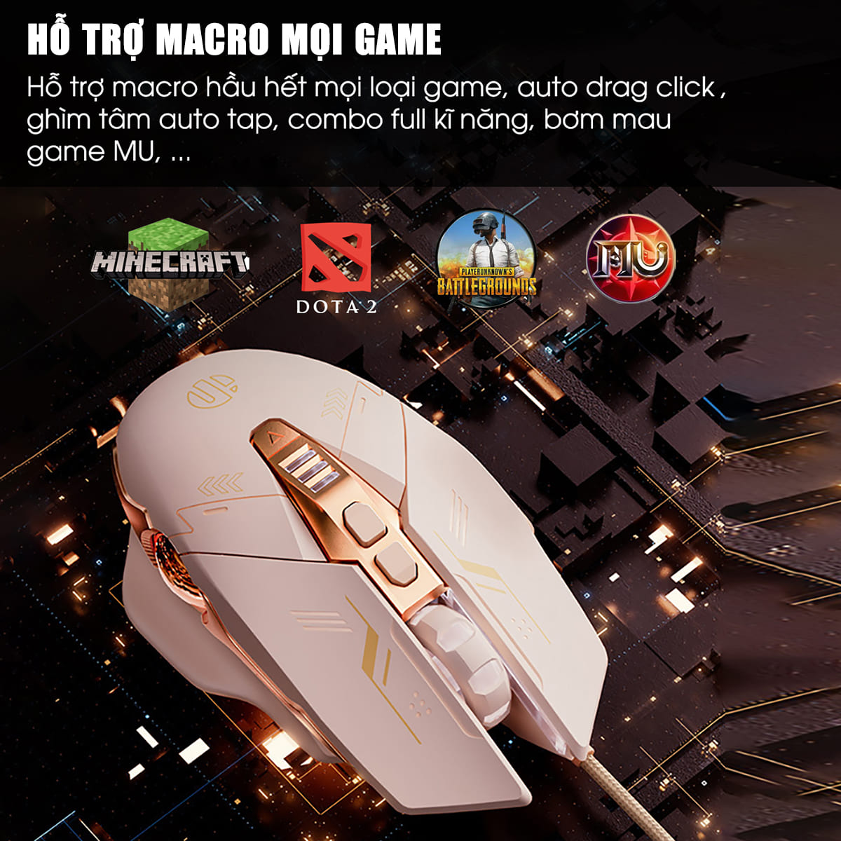 Chuột máy tính có dây Inphic W8 - Hồng Cute, Silent Click, DPI 7200, App tùy chỉnh cho game thủ văn phòng