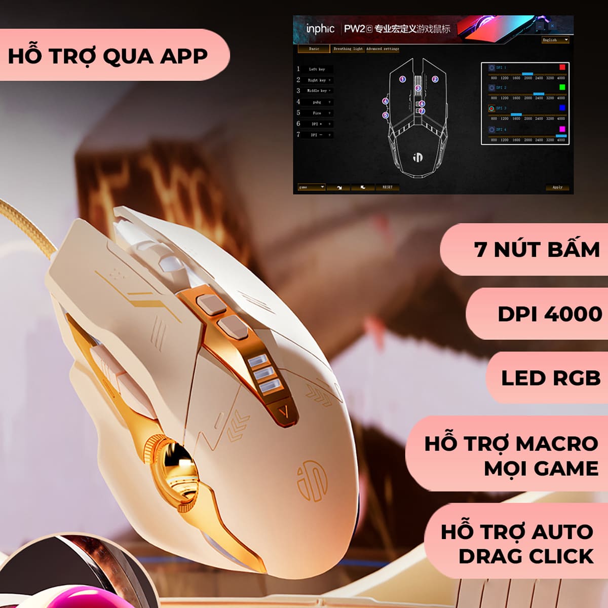 Chuột máy tính có dây Inphic W8 - Hồng Cute, Silent Click, DPI 7200, App tùy chỉnh cho game thủ văn phòng