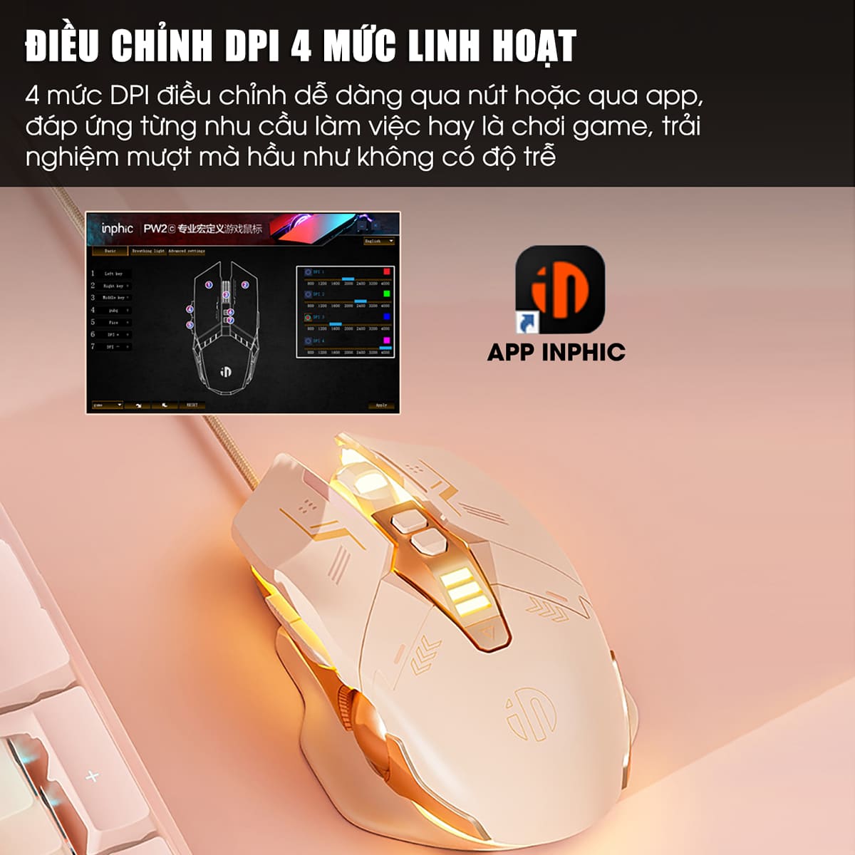 Chuột máy tính có dây Inphic W8 - Hồng Cute, Silent Click, DPI 7200, App tùy chỉnh cho game thủ văn phòng