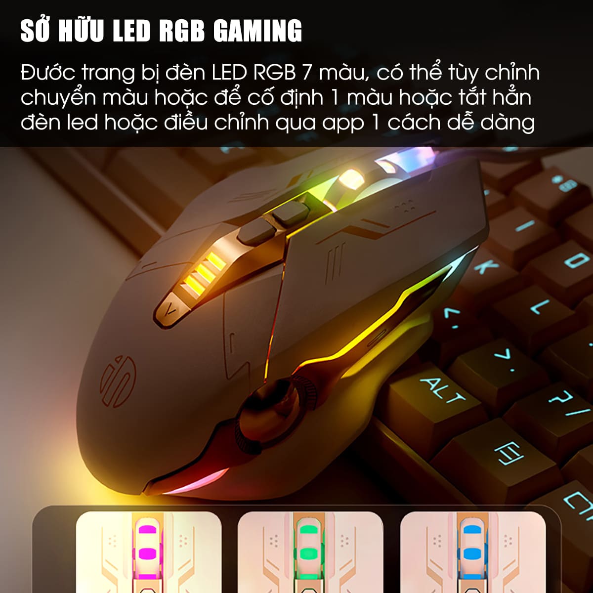 Chuột máy tính có dây Inphic W8 - Hồng Cute, Silent Click, DPI 7200, App tùy chỉnh cho game thủ văn phòng