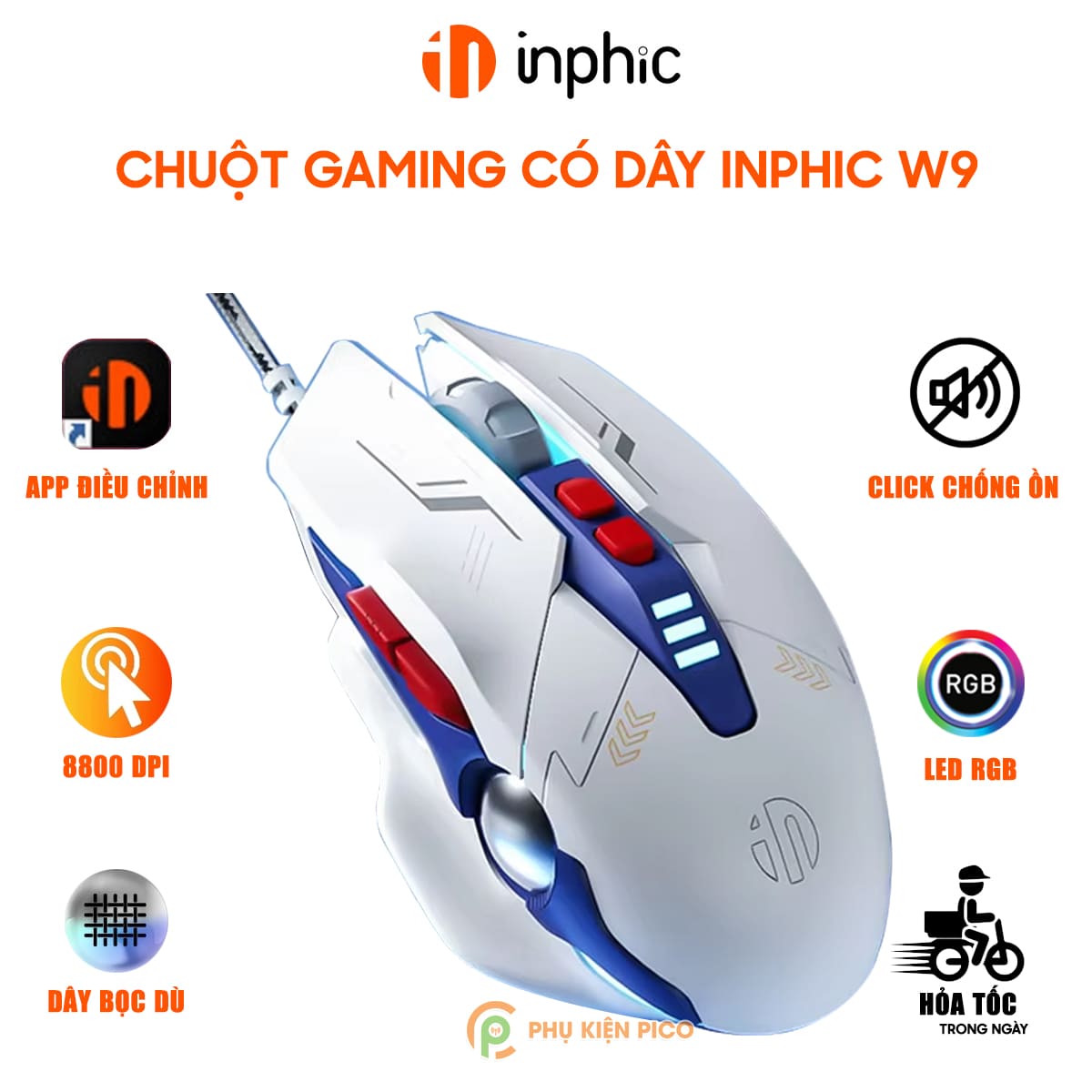 Chuột gaming Inphic W9 có dây game FPS 8800 DPI công thái học - Chuột Inphic W9 Gundam Led RGB