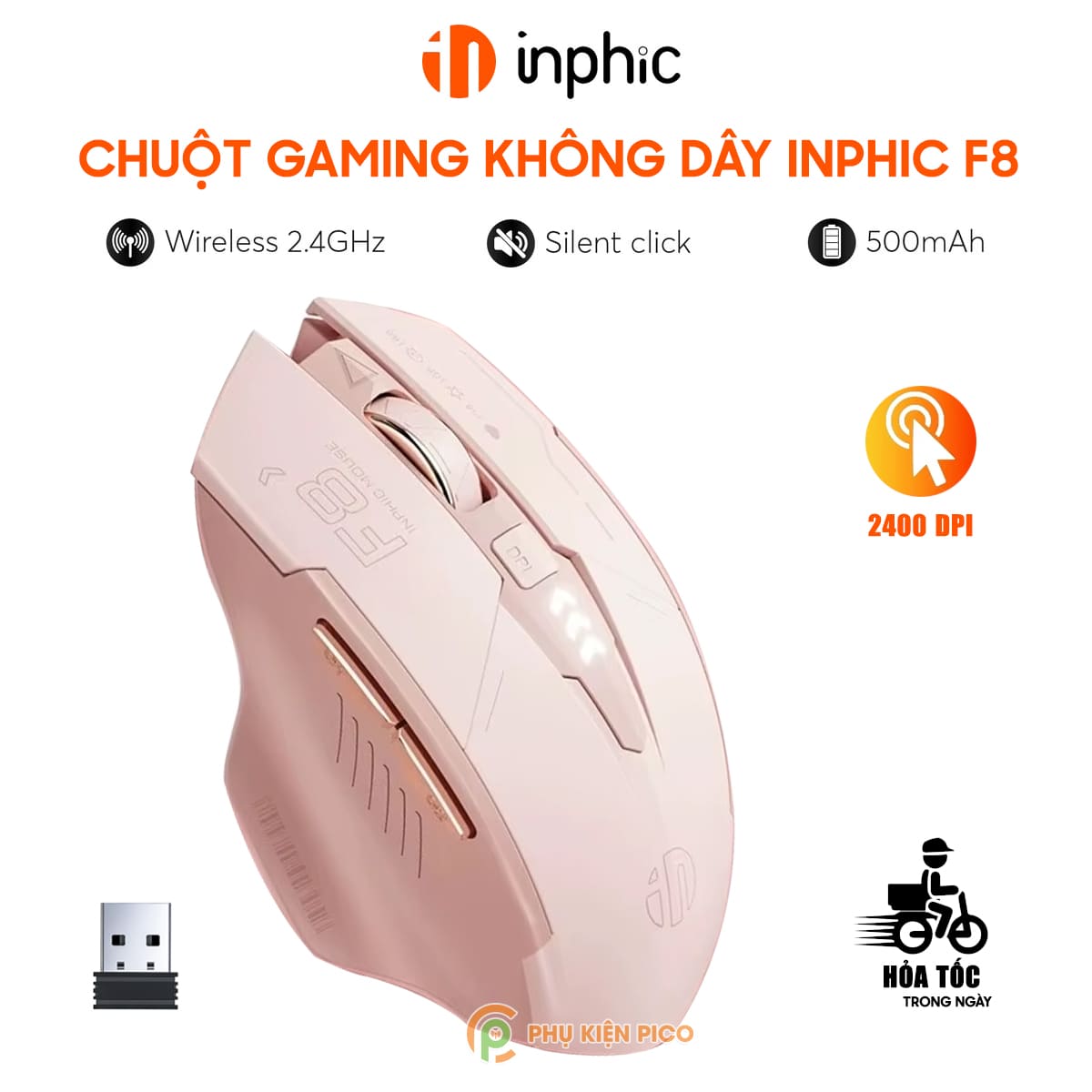 Chuột không dây Gaming Inphic F8 hồng trà sữa 2400 DPI, Silent Click, Sạc USB Type-C, Pin 500mAh