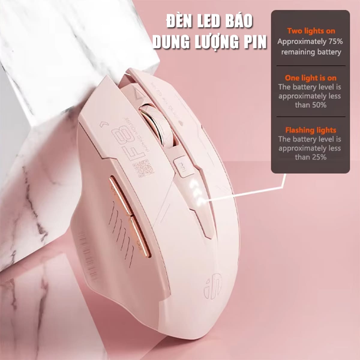 Chuột không dây Gaming Inphic F8 hồng trà sữa 2400 DPI, Silent Click, Sạc USB Type-C, Pin 500mAh