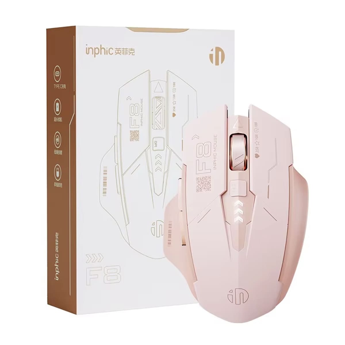 Chuột không dây Gaming Inphic F8 hồng trà sữa 2400 DPI, Silent Click, Sạc USB Type-C, Pin 500mAh