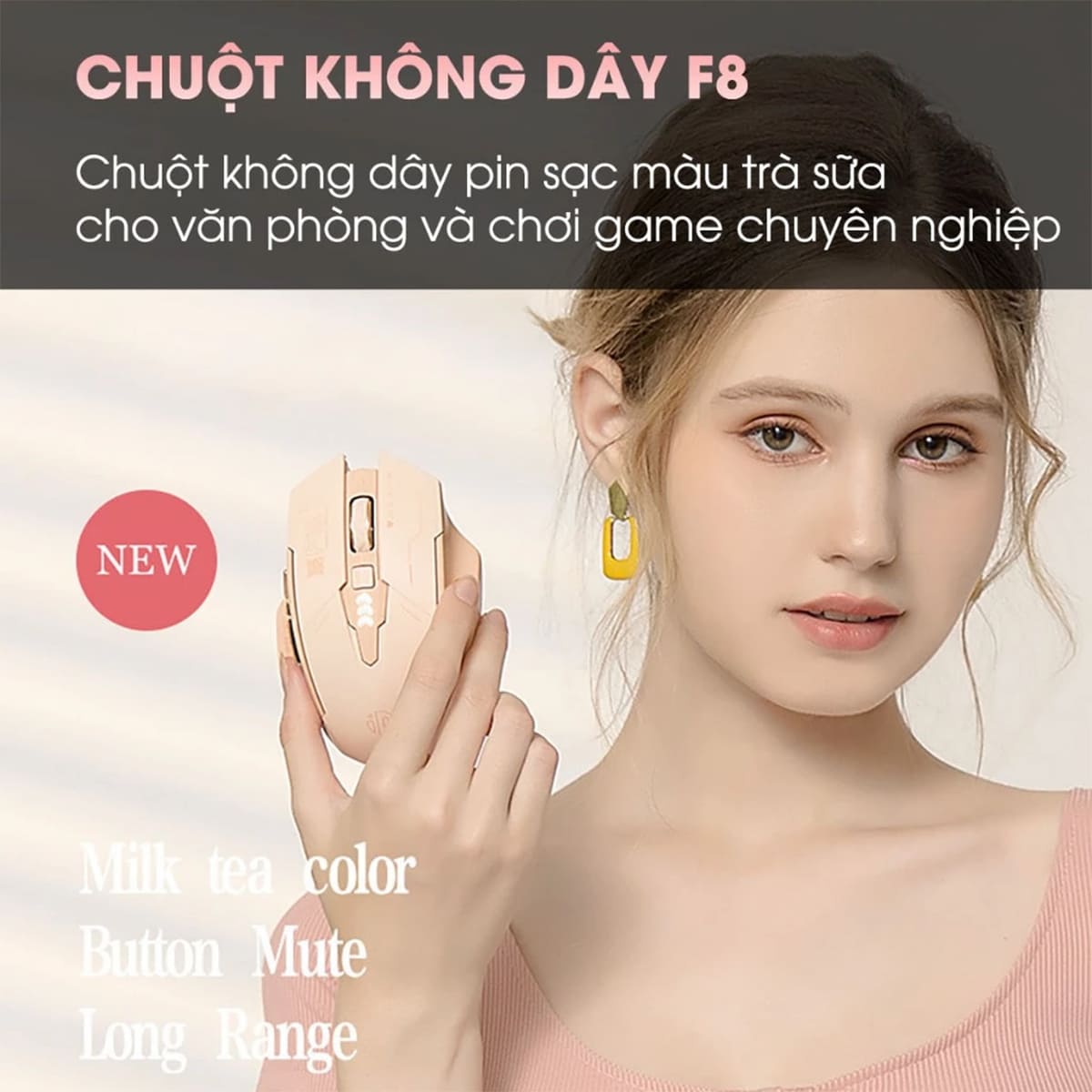 Chuột không dây Gaming Inphic F8 hồng trà sữa 2400 DPI, Silent Click, Sạc USB Type-C, Pin 500mAh