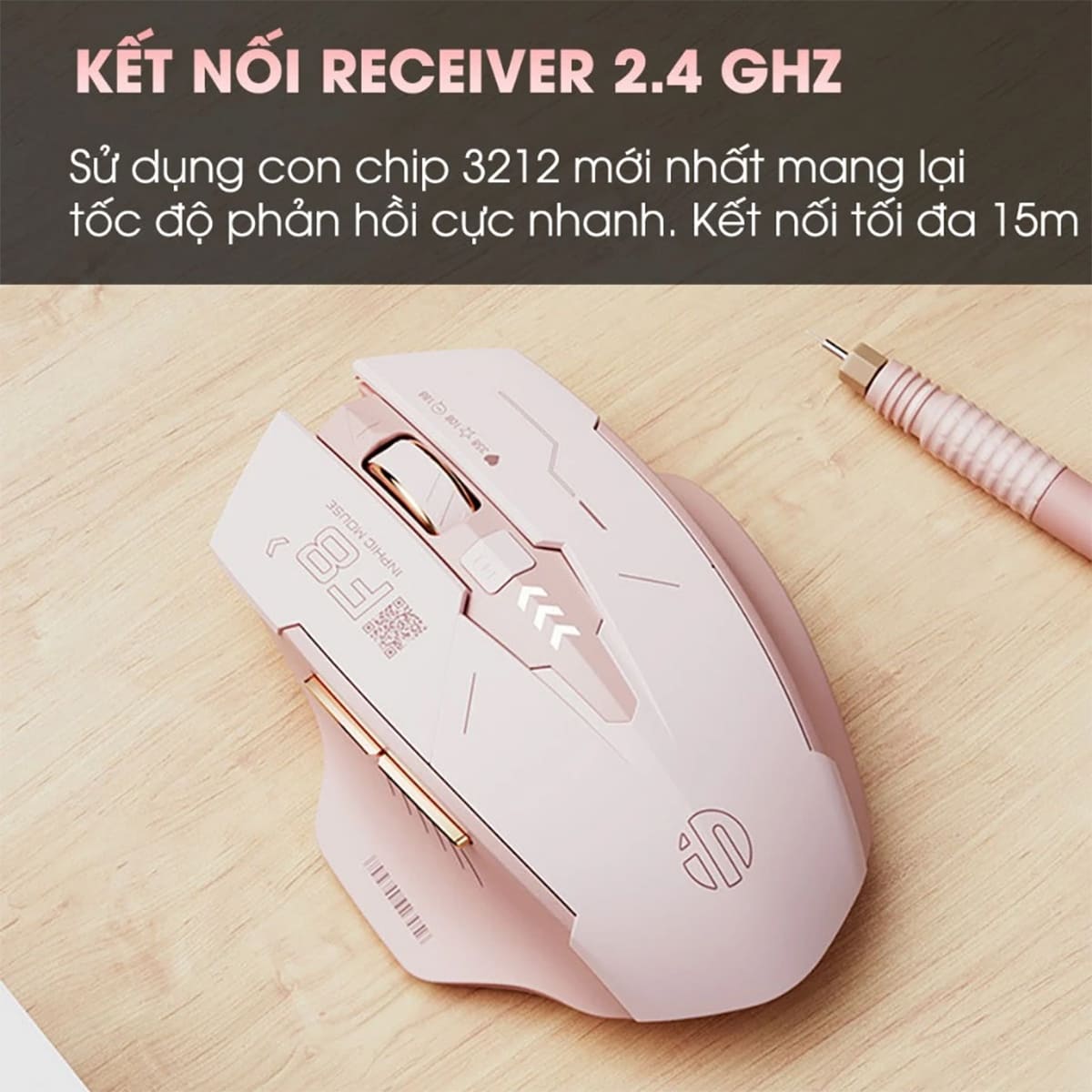 Chuột không dây Gaming Inphic F8 hồng trà sữa 2400 DPI, Silent Click, Sạc USB Type-C, Pin 500mAh