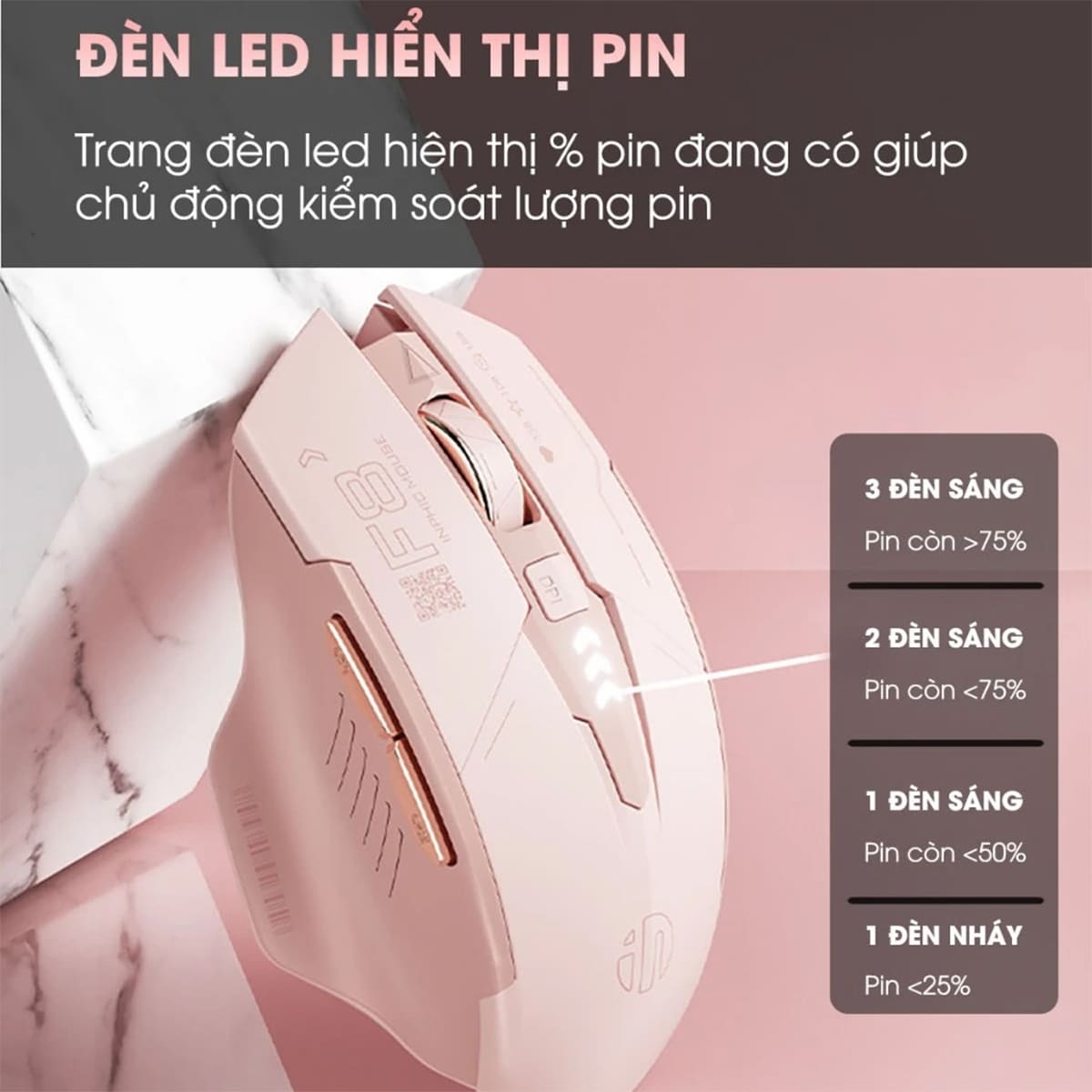 Chuột không dây Gaming Inphic F8 hồng trà sữa 2400 DPI, Silent Click, Sạc USB Type-C, Pin 500mAh