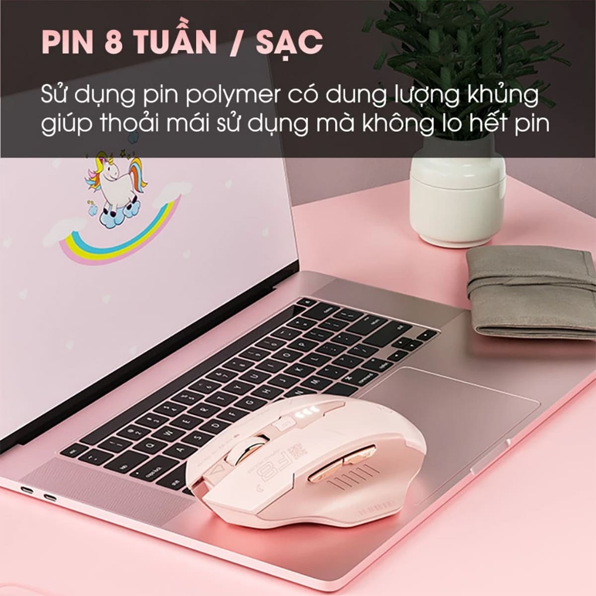 Chuột không dây Gaming Inphic F8 hồng trà sữa 2400 DPI, Silent Click, Sạc USB Type-C, Pin 500mAh