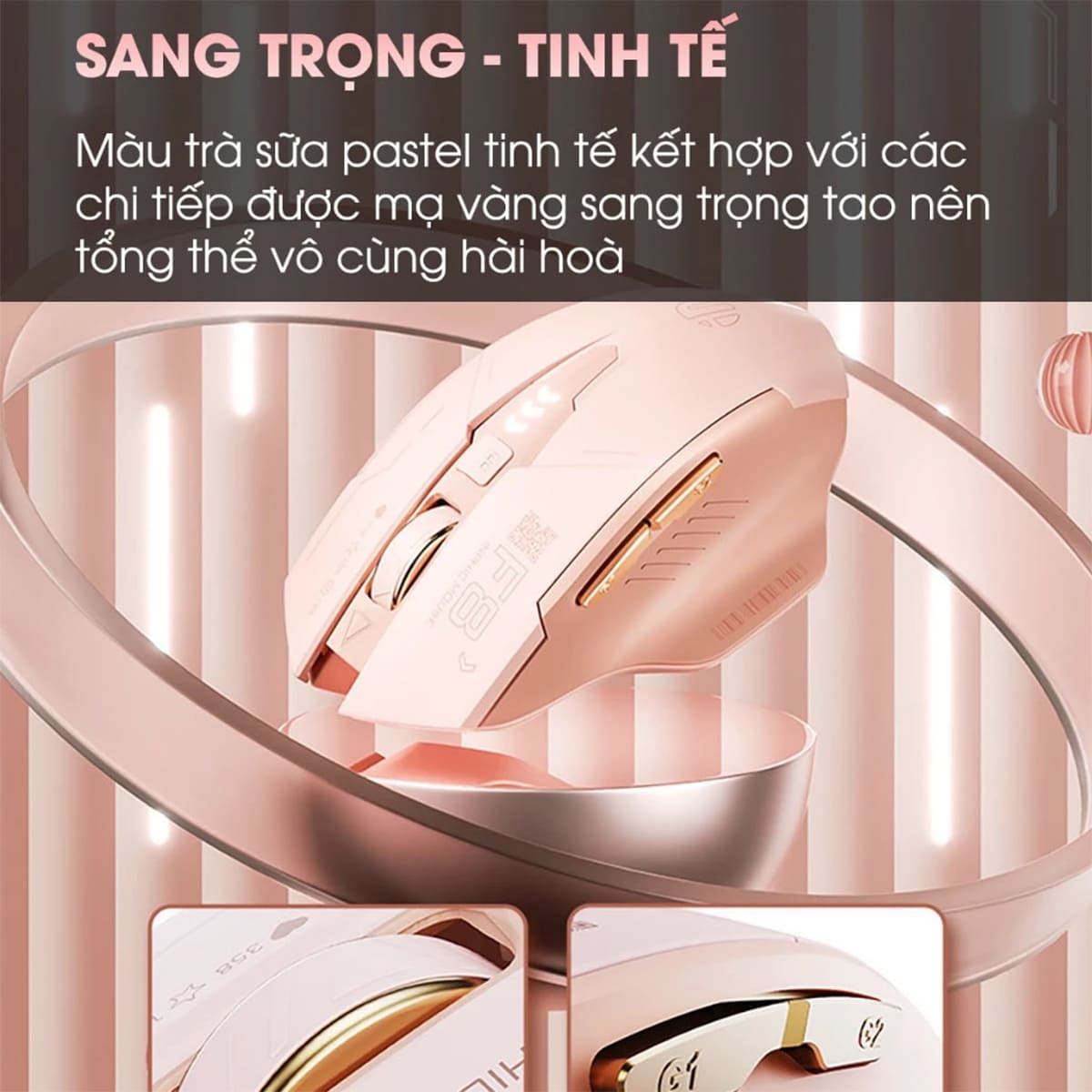 Chuột không dây Gaming Inphic F8 hồng trà sữa 2400 DPI, Silent Click, Sạc USB Type-C, Pin 500mAh