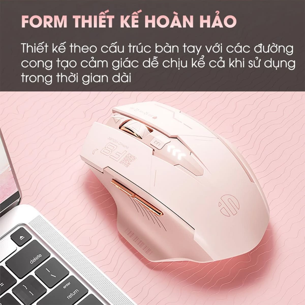 Chuột không dây Gaming Inphic F8 hồng trà sữa 2400 DPI, Silent Click, Sạc USB Type-C, Pin 500mAh