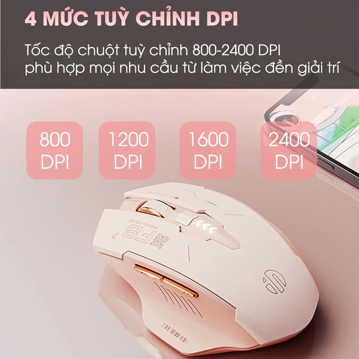Chuột không dây Gaming Inphic F8 hồng trà sữa 2400 DPI, Silent Click, Sạc USB Type-C, Pin 500mAh