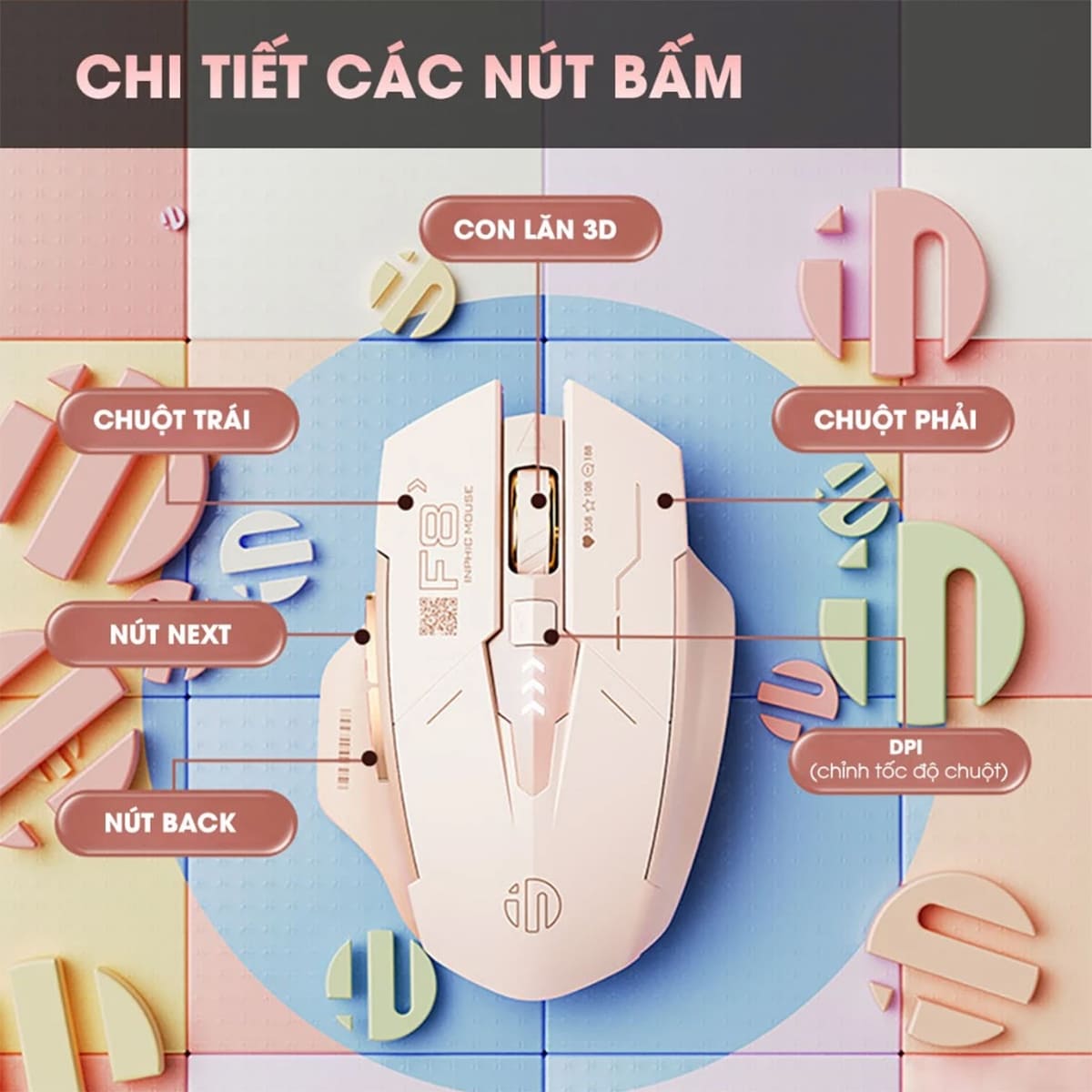 Chuột không dây Gaming Inphic F8 hồng trà sữa 2400 DPI, Silent Click, Sạc USB Type-C, Pin 500mAh