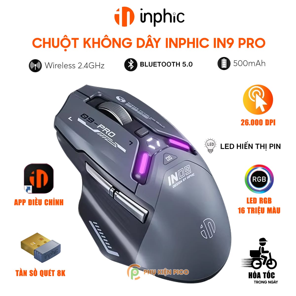 Chuột không dây Bluetooth Gaming Inphic IN9 Pro 3 chế độ kết nối pin sạc có App tùy chỉnh 26000 DPI Led RGB