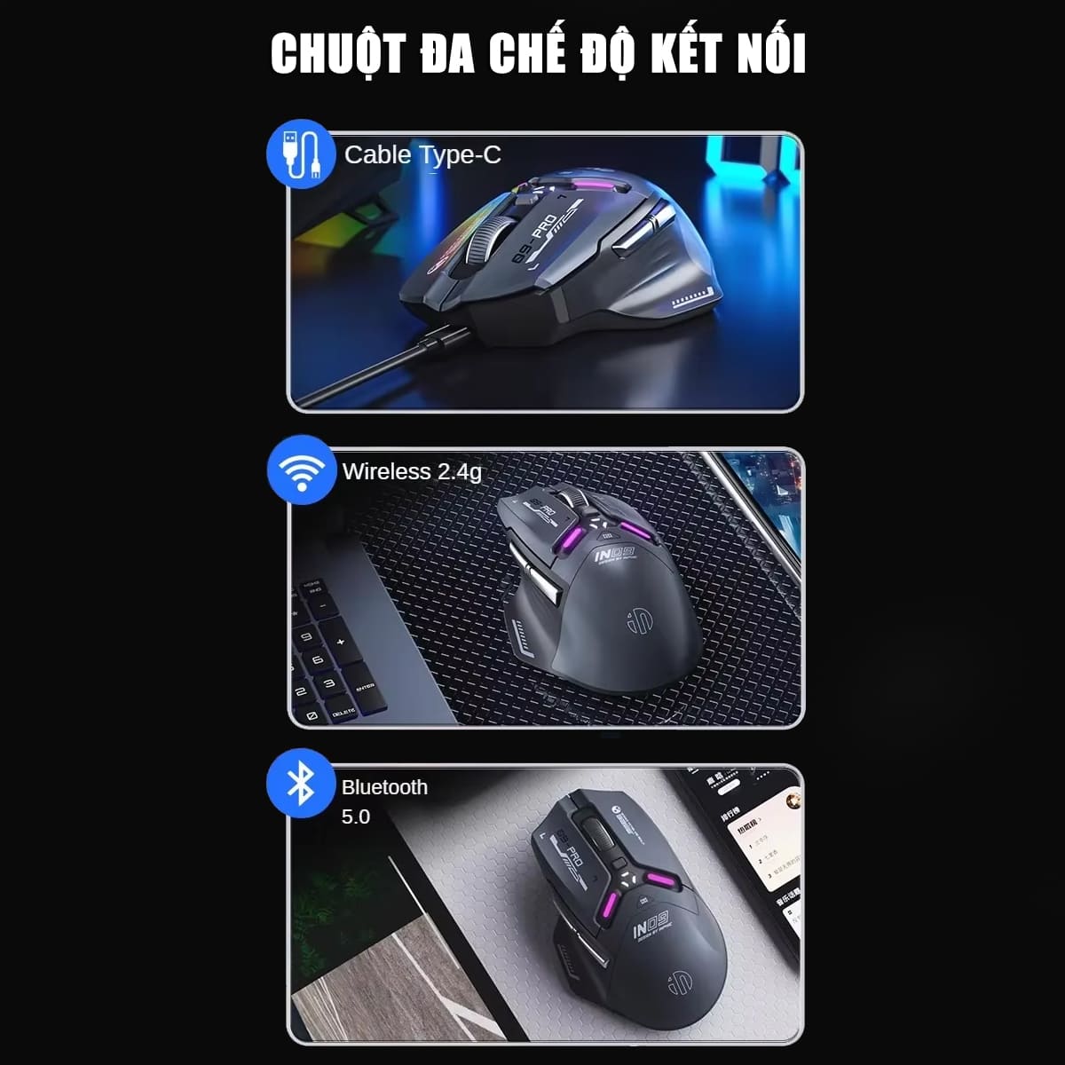Chuột không dây Bluetooth Gaming Inphic IN9 Pro 3 chế độ kết nối pin sạc có App tùy chỉnh 26000 DPI Led RGB