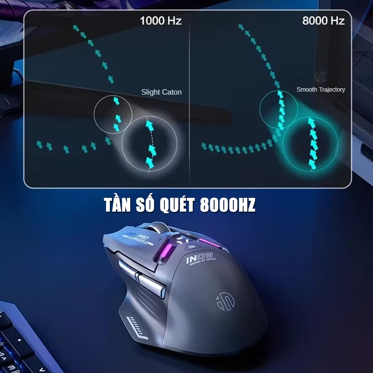 Chuột không dây Bluetooth Gaming Inphic IN9 Pro 3 chế độ kết nối pin sạc có App tùy chỉnh 26000 DPI Led RGB