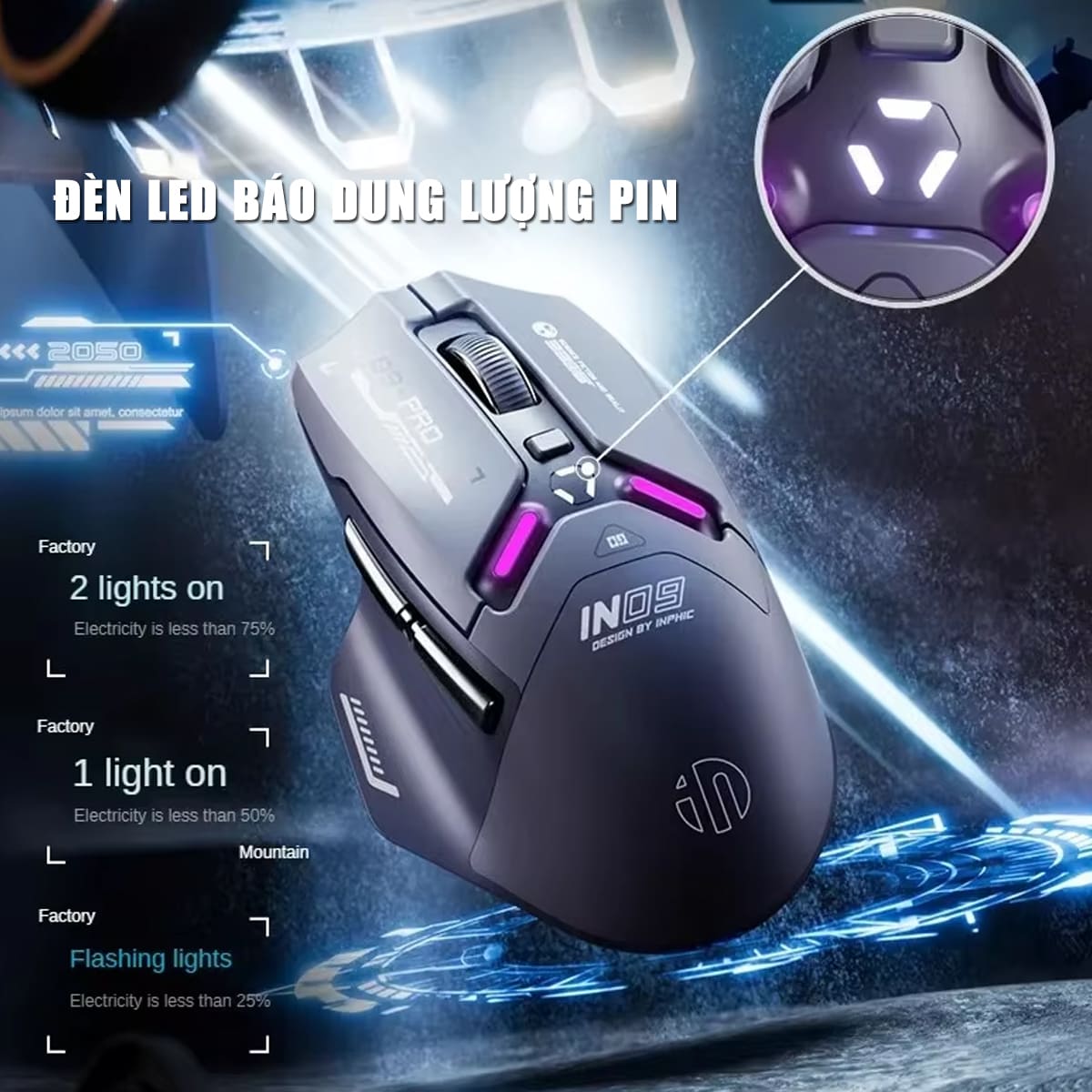 Chuột không dây Bluetooth Gaming Inphic IN9 Pro 3 chế độ kết nối pin sạc có App tùy chỉnh 26000 DPI Led RGB