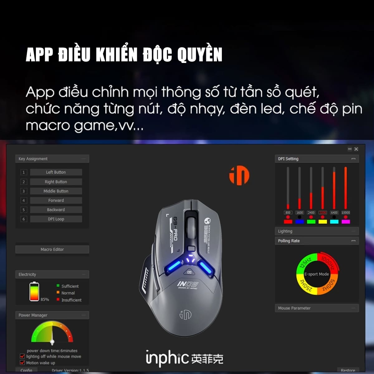 Chuột không dây Bluetooth Gaming Inphic IN9 Pro 3 chế độ kết nối pin sạc có App tùy chỉnh 26000 DPI Led RGB