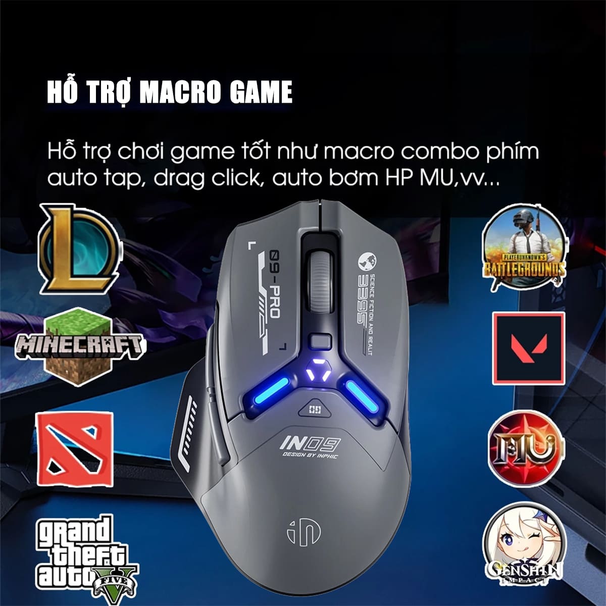 Chuột không dây Bluetooth Gaming Inphic IN9 Pro 3 chế độ kết nối pin sạc có App tùy chỉnh 26000 DPI Led RGB