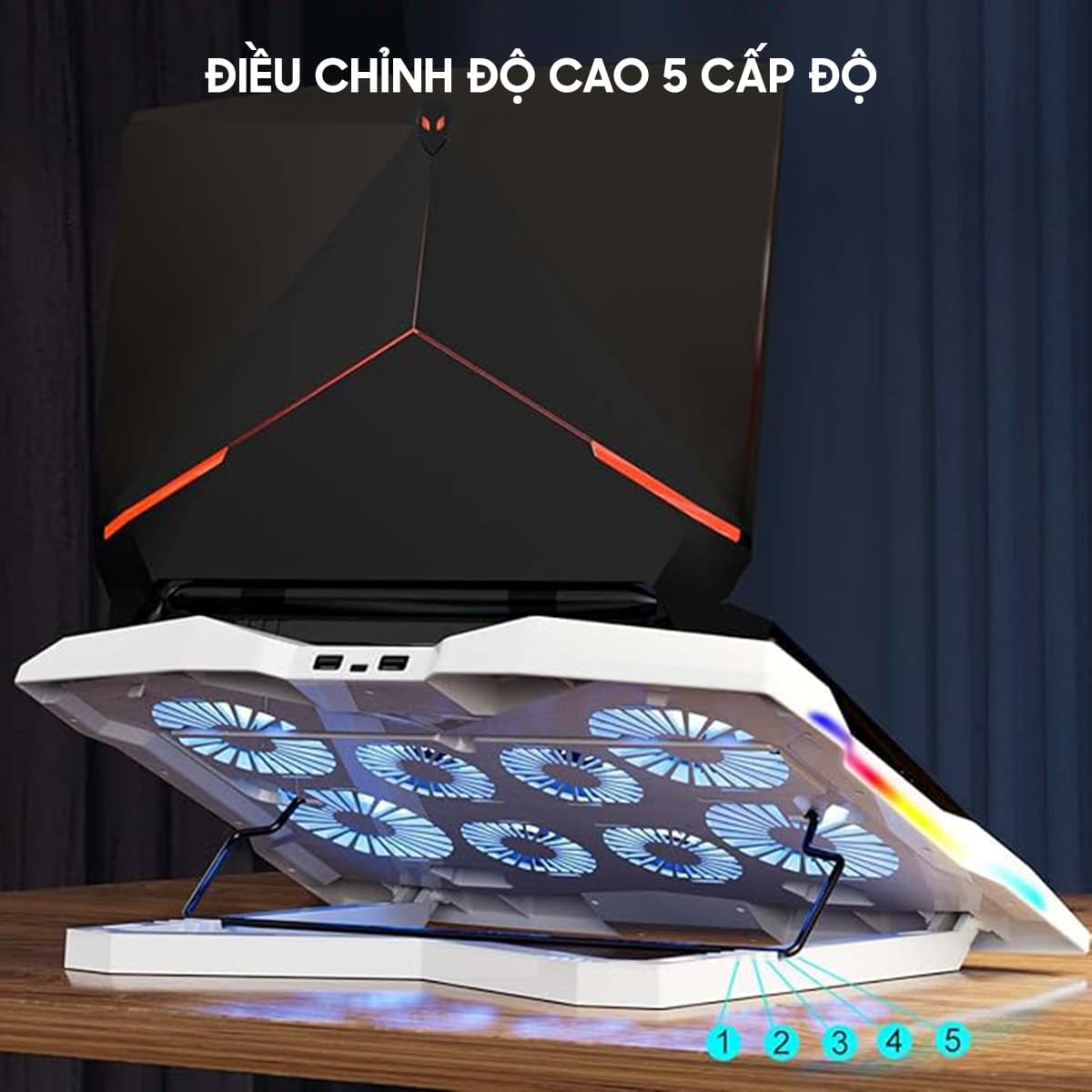 Đế tản nhiệt laptop gaming FL05 8 quạt giá đỡ laptop đèn led rgb chỉnh tốc độ gió làm mát nhanh chống ồn