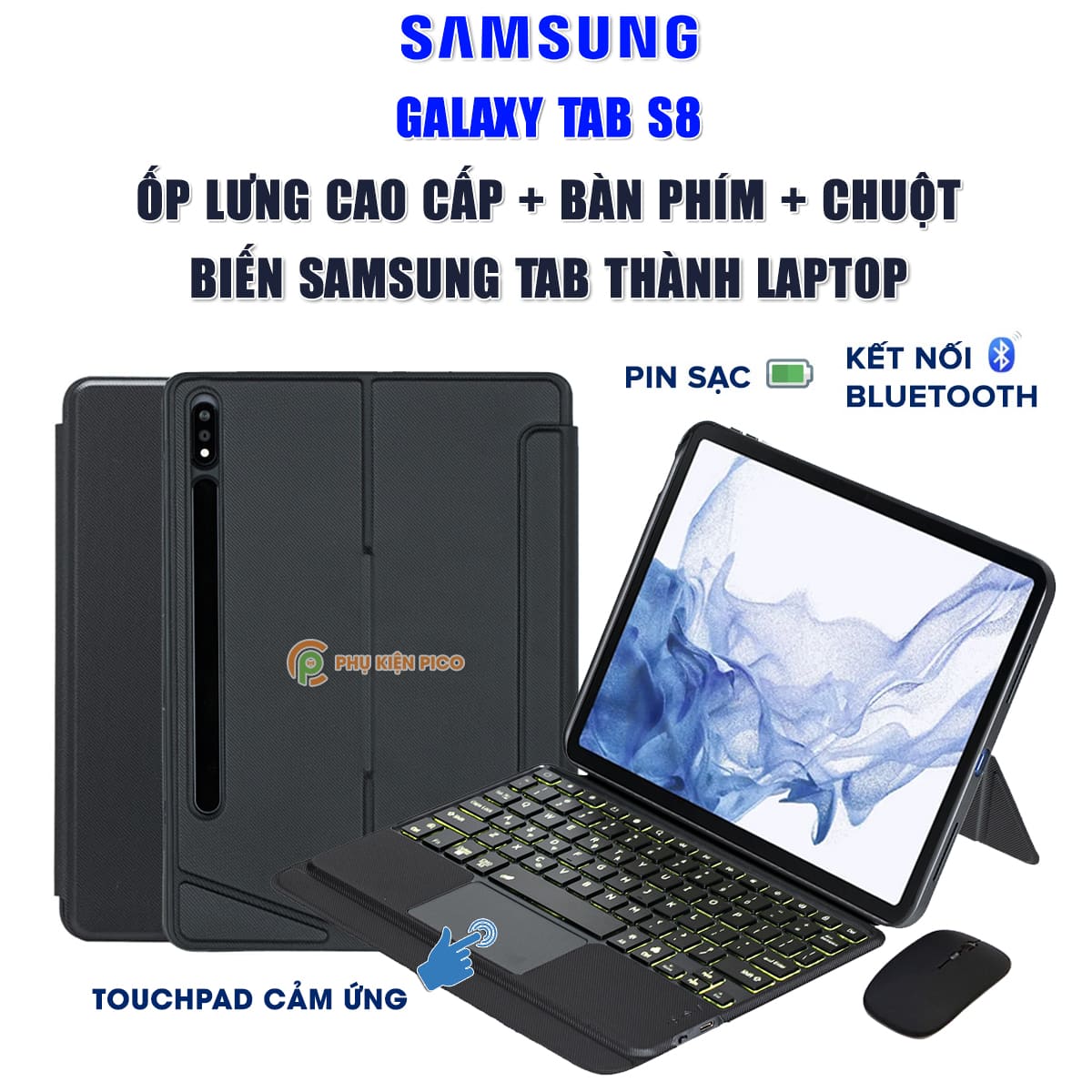 Ốp lưng Samsung Galaxy Tab S8 bao da cao cấp kèm bàn phím chuột cảm ứng 720 độ tách rời linh hoạt