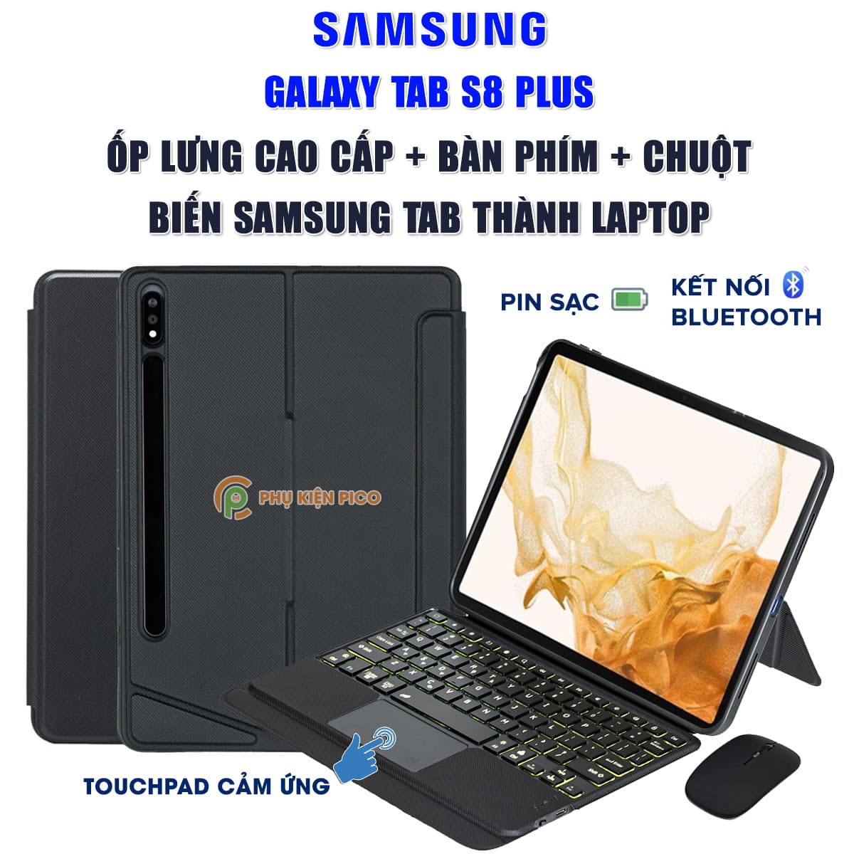 Ốp lưng Samsung Galaxy Tab S8 Plus bao da cao cấp kèm bàn phím chuột cảm ứng 720 độ tách rời linh hoạt