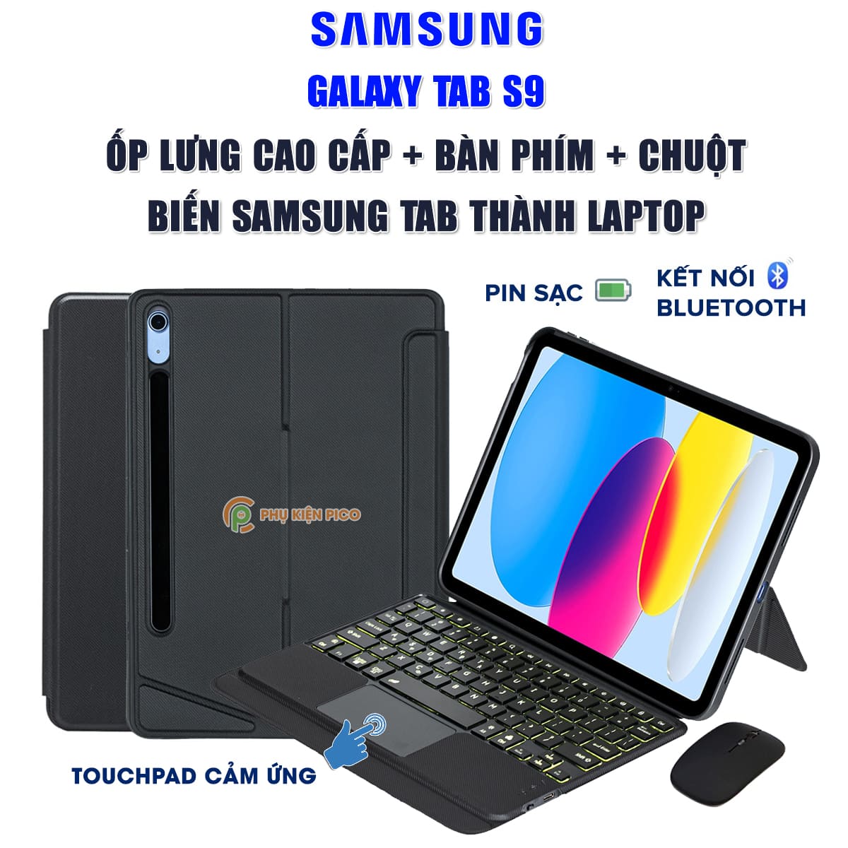 Ốp lưng Samsung Galaxy Tab S9 bao da cao cấp kèm bàn phím chuột cảm ứng 720 độ tách rời linh hoạt