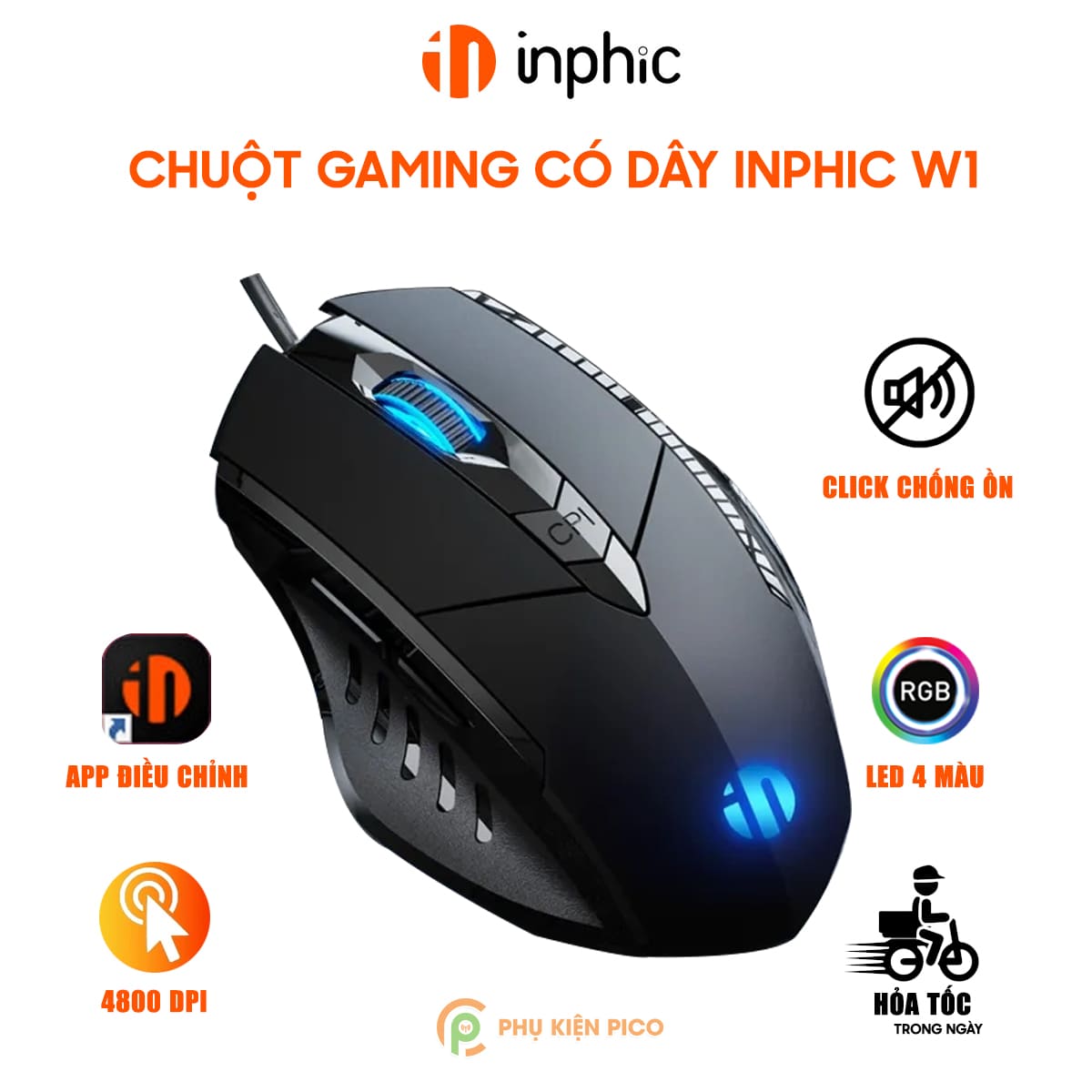 Chuột chơi game có dây Inphic W1 4800 DPI kết nối USB bấm êm - Chuột Inphic gaming siêu rẻ không tiếng ồn laptop máy tính