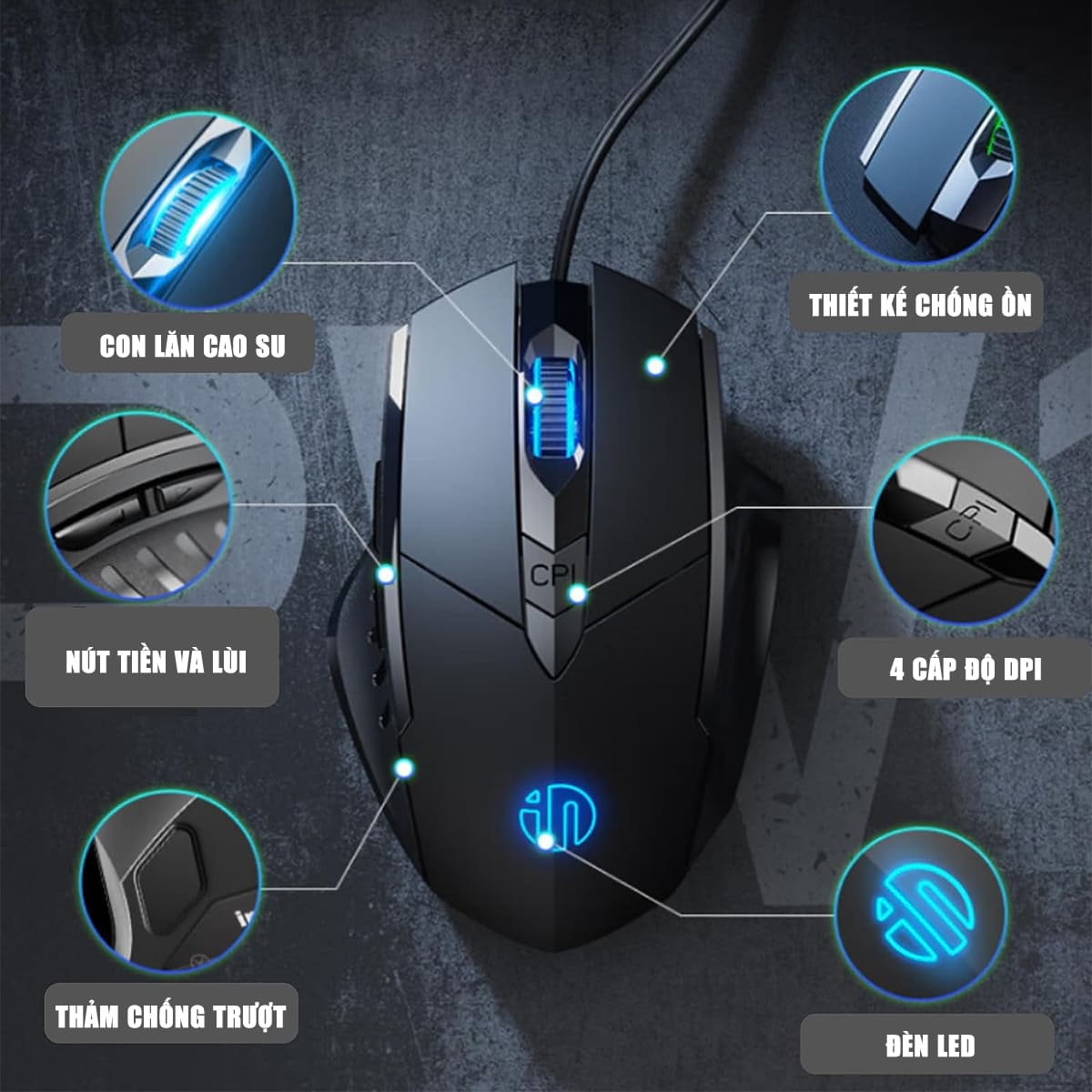 Chuột chơi game có dây Inphic W1 4800 DPI kết nối USB bấm êm - Chuột Inphic gaming siêu rẻ không tiếng ồn laptop máy tính