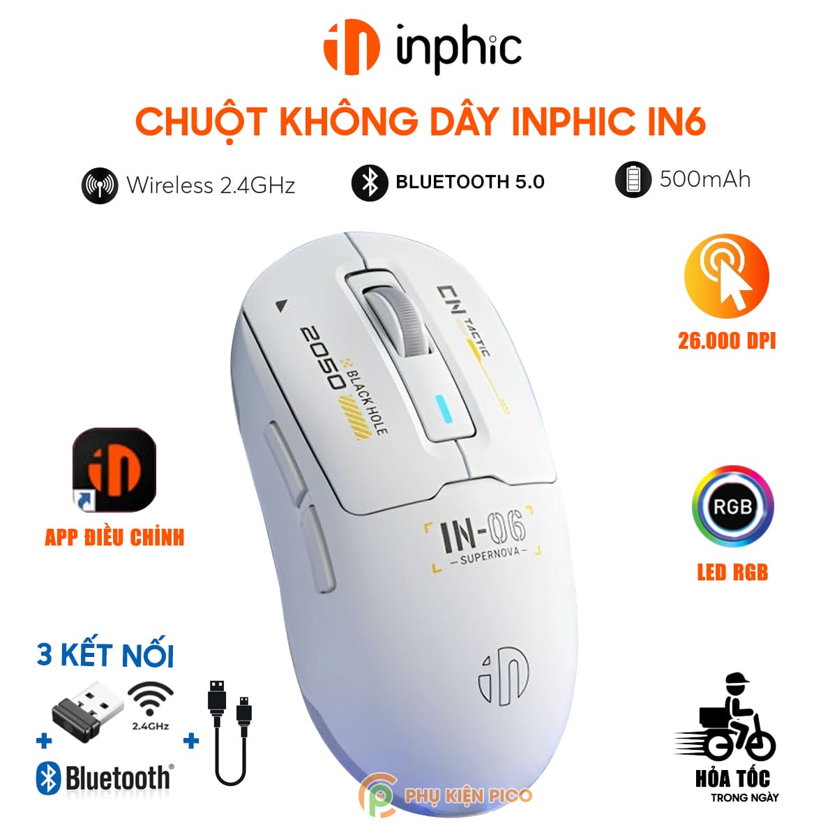 Chuột không dây Bluetooth Gaming Inphic IN6 3 chế độ kết nối pin sạc có App tùy chỉnh 26.000 DPI Led RGB