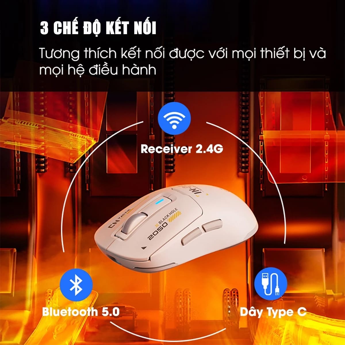 Chuột không dây Bluetooth Gaming Inphic IN6 3 chế độ kết nối pin sạc có App tùy chỉnh 26.000 DPI Led RGB