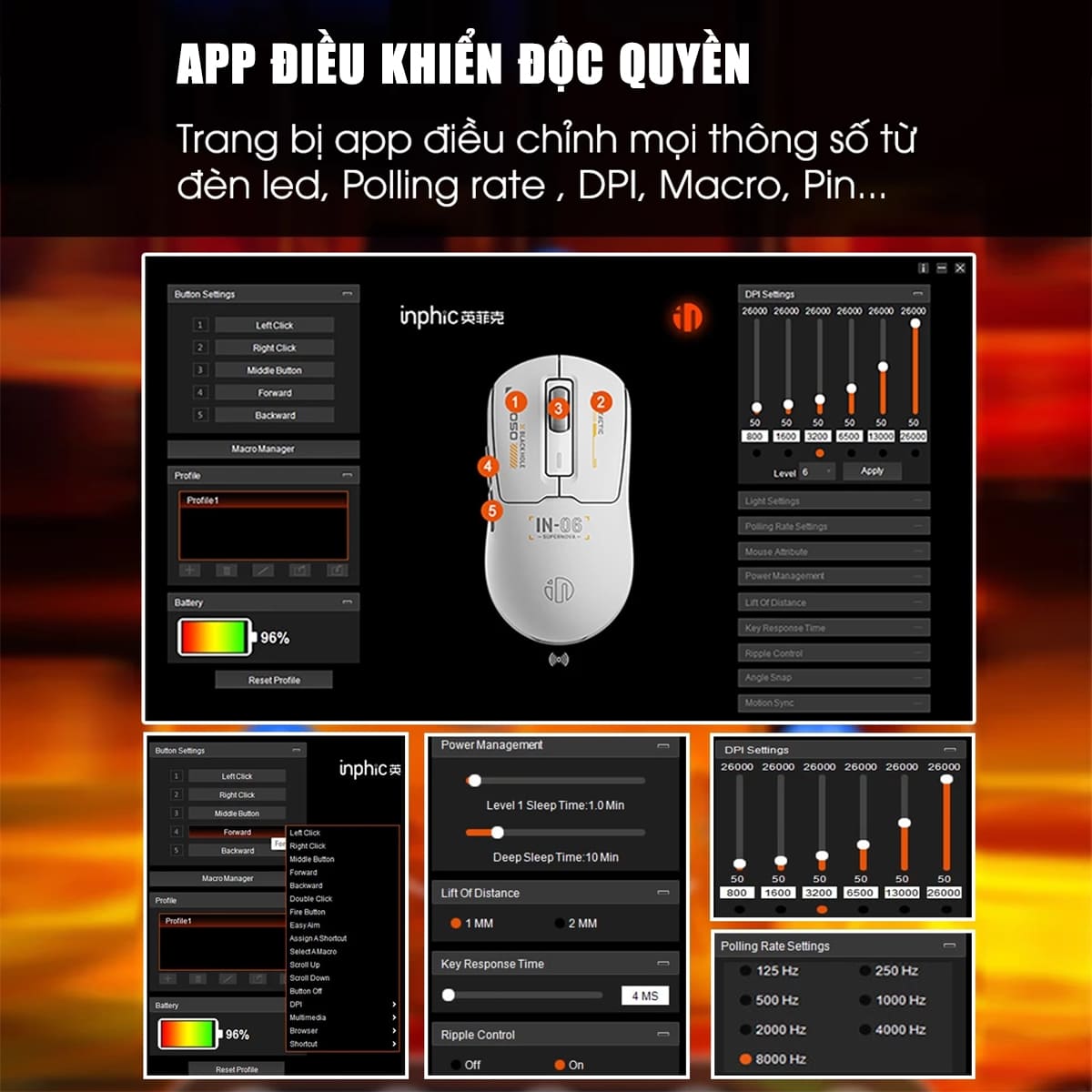 Chuột không dây Bluetooth Gaming Inphic IN6 3 chế độ kết nối pin sạc có App tùy chỉnh 26.000 DPI Led RGB