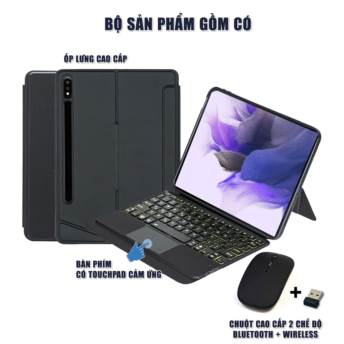 Ốp lưng Samsung Galaxy Tab S7 FE bao da cao cấp kèm bàn phím chuột cảm ứng 720 độ tách rời linh hoạt