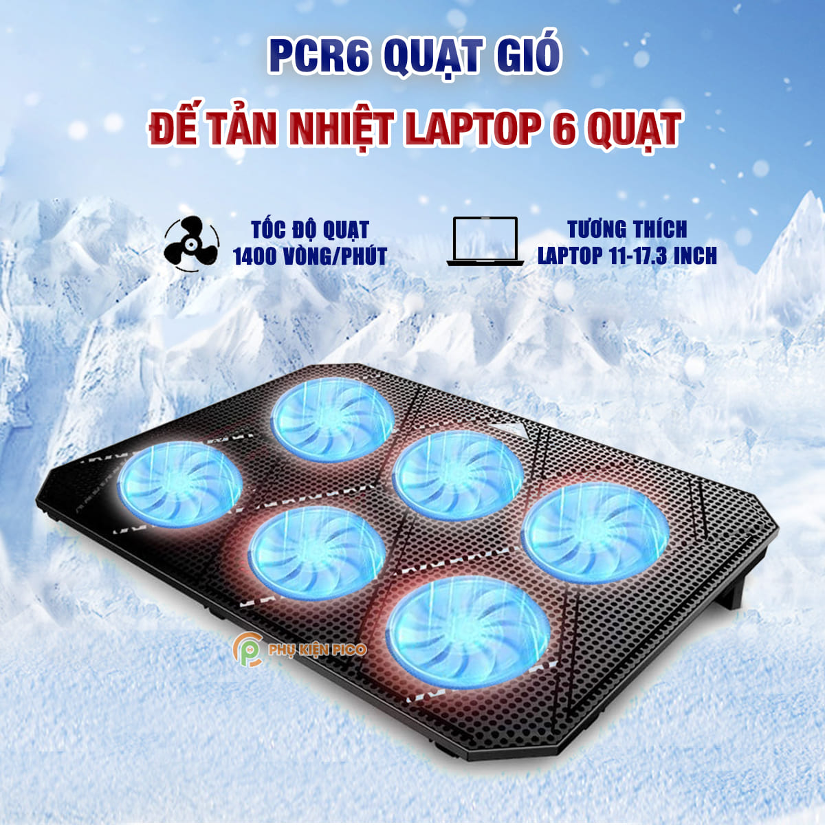 Đế Tản Nhiệt Laptop Gaming PCCooler PCR6 - 6 Quạt, Giá Đỡ Laptop 17.3 Inch, Làm Mát Nhanh, Chống Ồn
