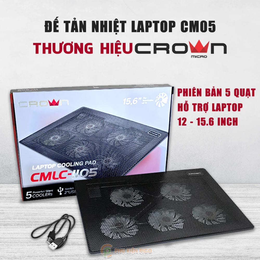 Đế Tản Nhiệt Laptop Gaming Crown CM05 5 Quạt, Giá Đỡ Laptop 15.6 Inch, Làm Mát Nhanh, Chống Ồn