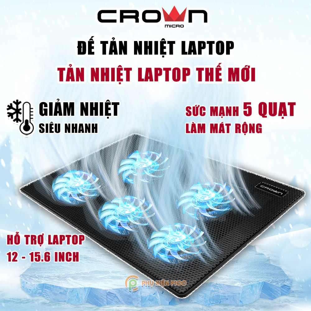 Đế Tản Nhiệt Laptop Gaming Crown CM05 5 Quạt, Giá Đỡ Laptop 15.6 Inch, Làm Mát Nhanh, Chống Ồn