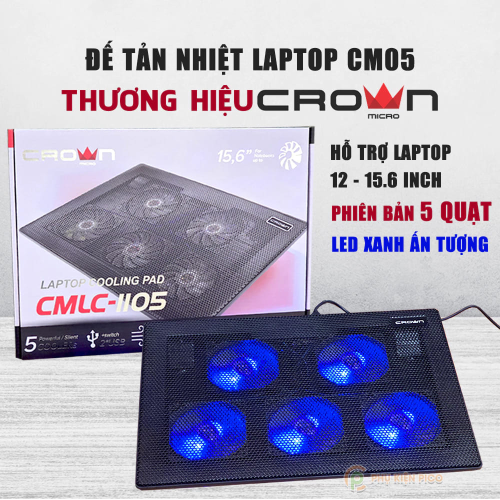 Đế Tản Nhiệt Laptop Gaming Crown CM05 5 Quạt, Giá Đỡ Laptop 15.6 Inch, Làm Mát Nhanh, Chống Ồn
