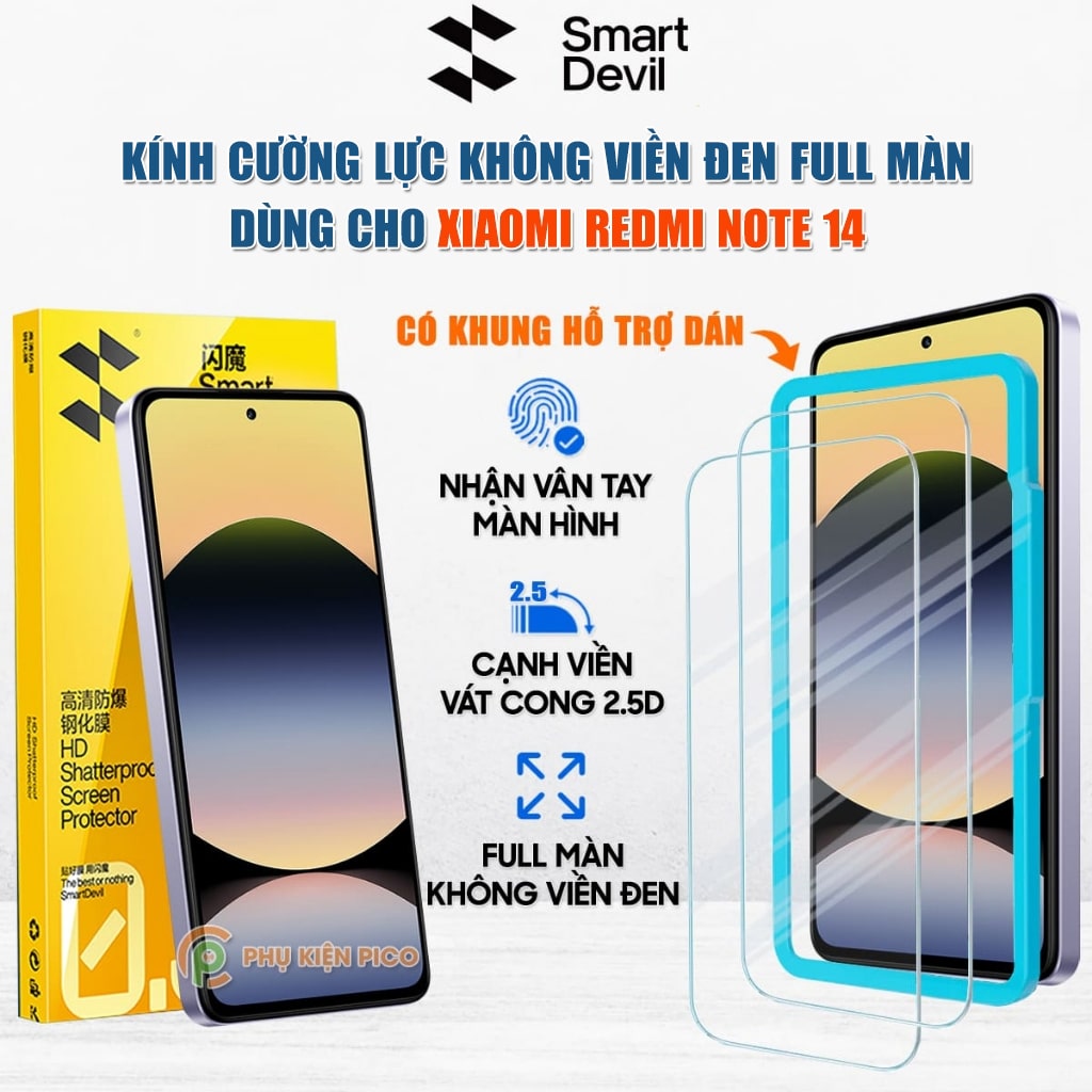 Kính cường lực Xiaomi Redmi Note 14 trong suốt full màn hình chính hãng Smart Devil