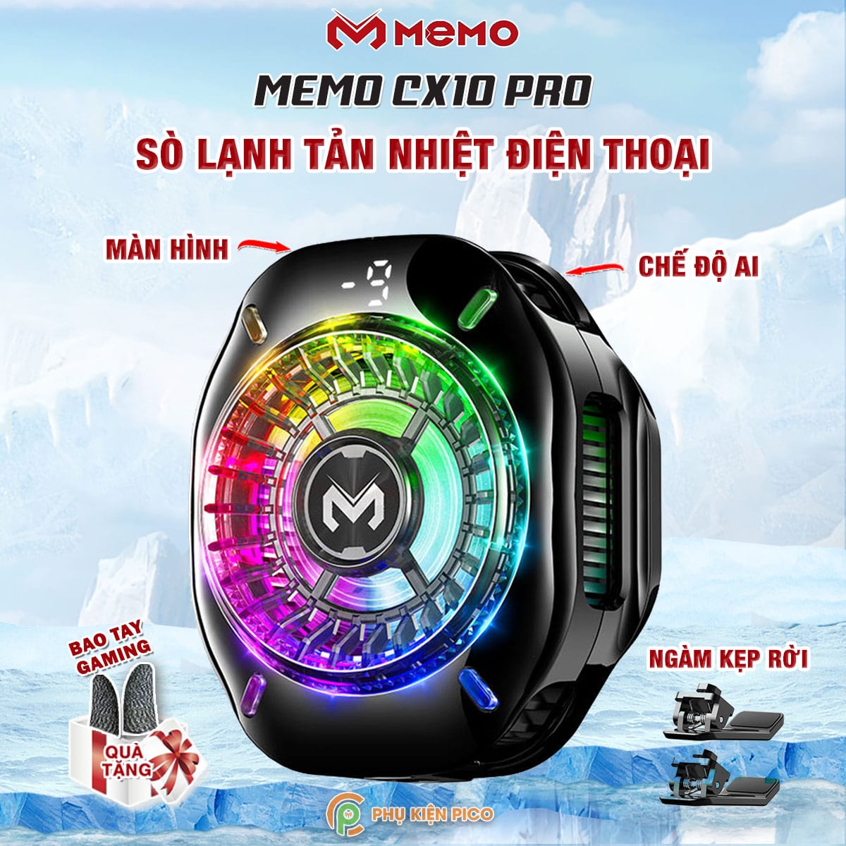 Quạt tản nhiệt điện thoại Memo CX10 Pro AI RGB sò lạnh AI từ tính Led RGB Gaming thế hệ mới đóng băng full mặt
