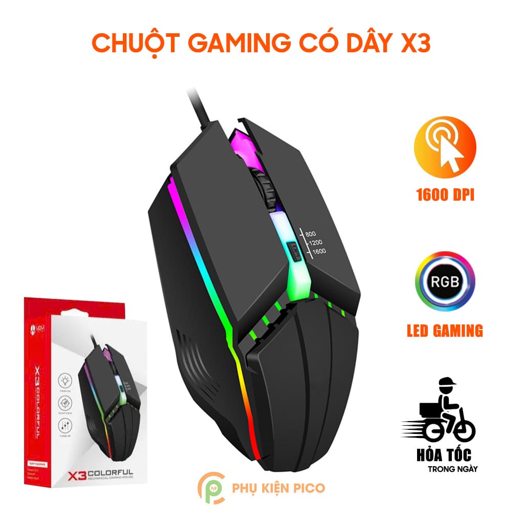 Chuột có dây Gaming X3 1600 DPI USB Led RGB đổi màu chuột máy tính văn phòng chơi game giá rẻ