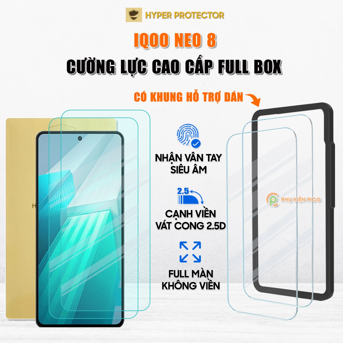 Kính cường lực Vivo iQOO Neo 8 trong suốt full màn hình không viền nhận vân tay siêu âm chính hãng HYPER+