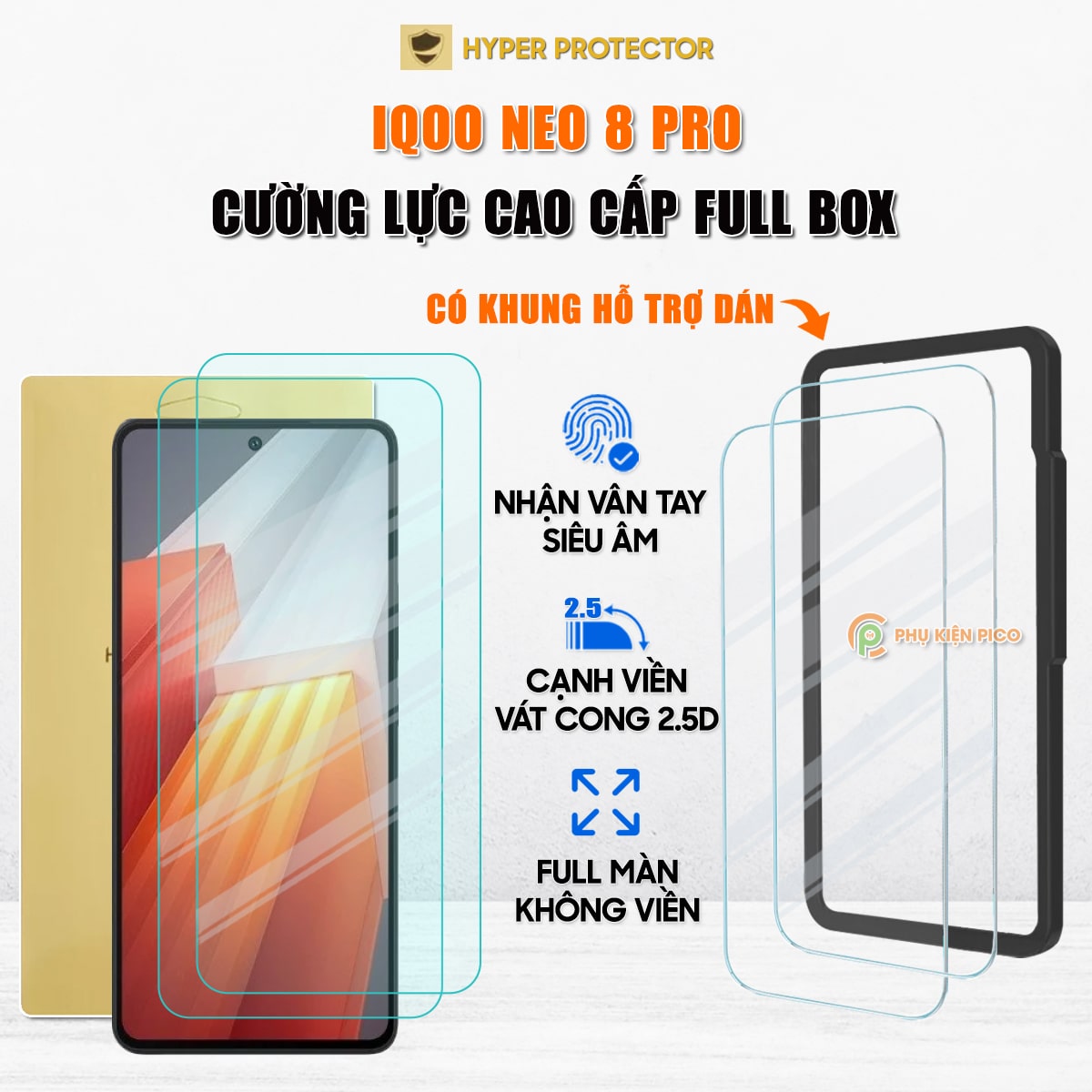 Kính cường lực Vivo iQOO Neo 8 Pro trong suốt full màn hình không viền nhận vân tay siêu âm chính hãng HYPER+