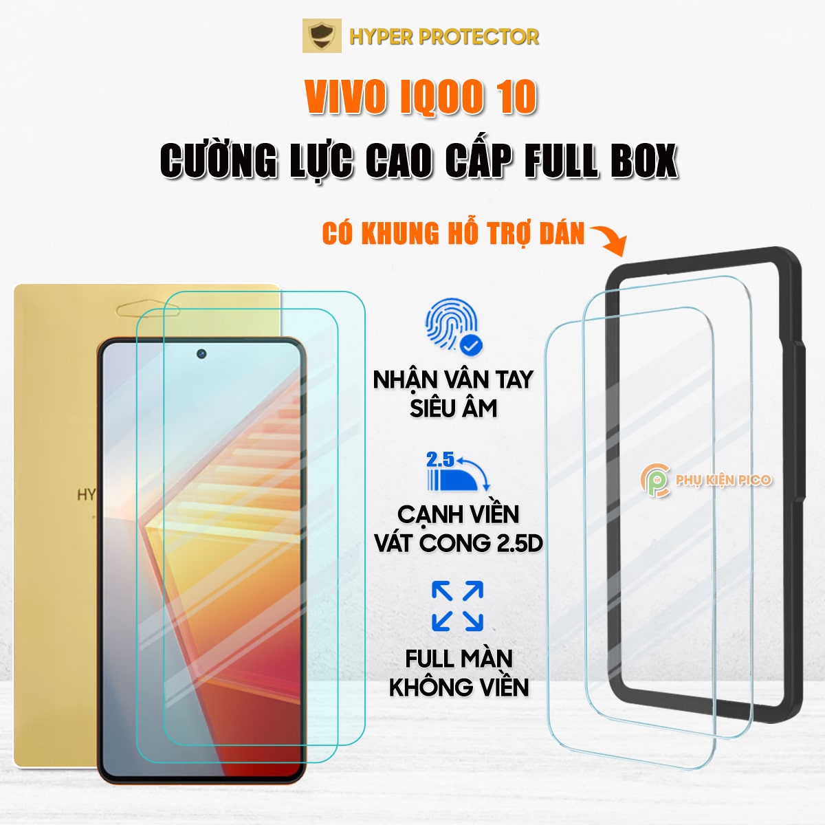 Kính cường lực Vivo iQOO 10 trong suốt full màn hình không viền nhận vân tay siêu âm chính hãng HYPER+