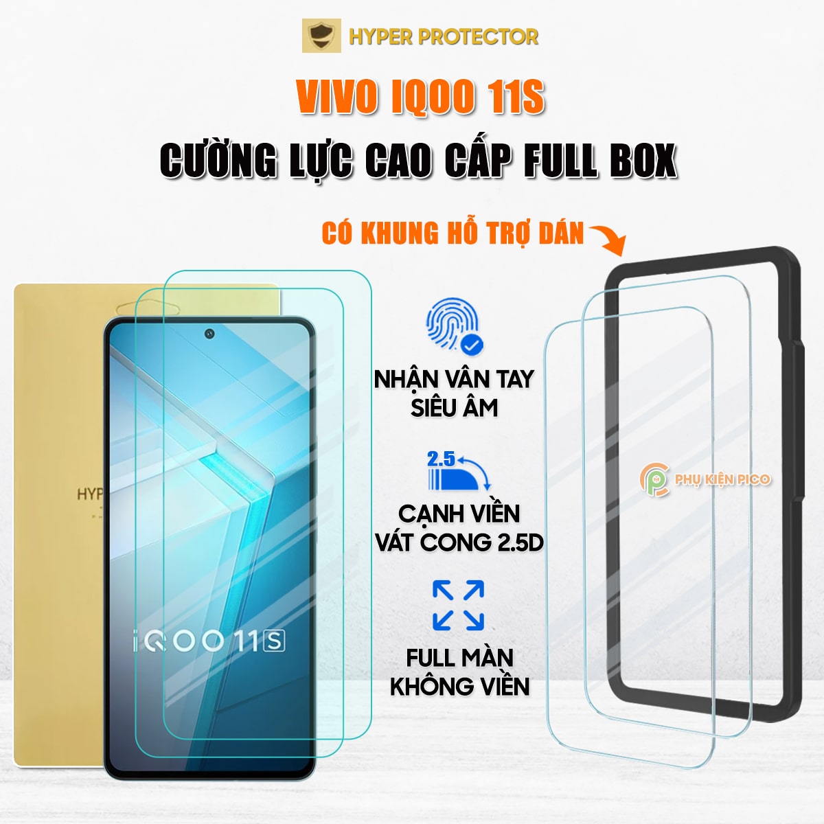 Kính cường lực Vivo iQOO 11S trong suốt full màn hình không viền nhận vân tay siêu âm chính hãng HYPER+