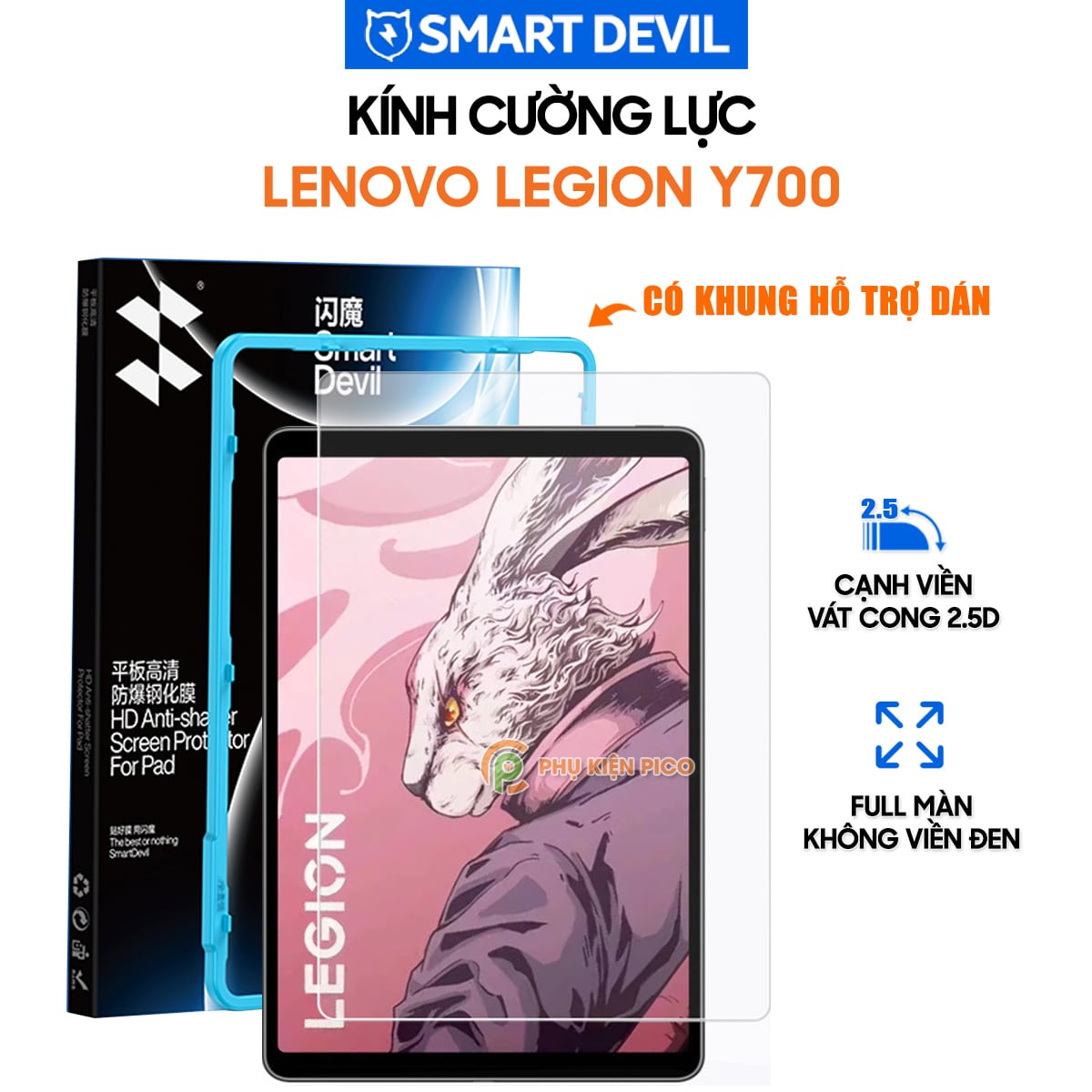 Kính cường lực Lenovo Legion Y700 2023 2024 2025 full màn hình chính hãng Smart Devil có khung hỗ trợ dán