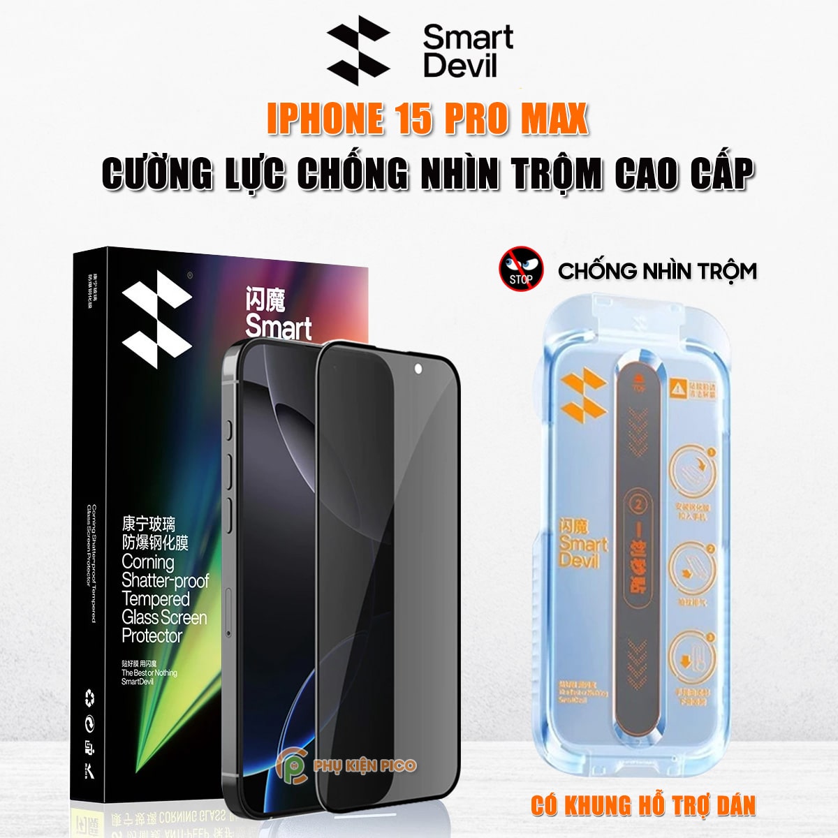 Kính cường lực chống nhìn trộm Iphone 15 Pro Max full màn hình khung tự dán chính hãng Smart Devil