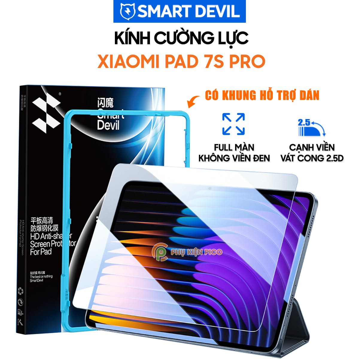Kính cường lực Xiaomi Pad 7S Pro full màn hình chính hãng Smart Devil có khung hỗ trợ dán
